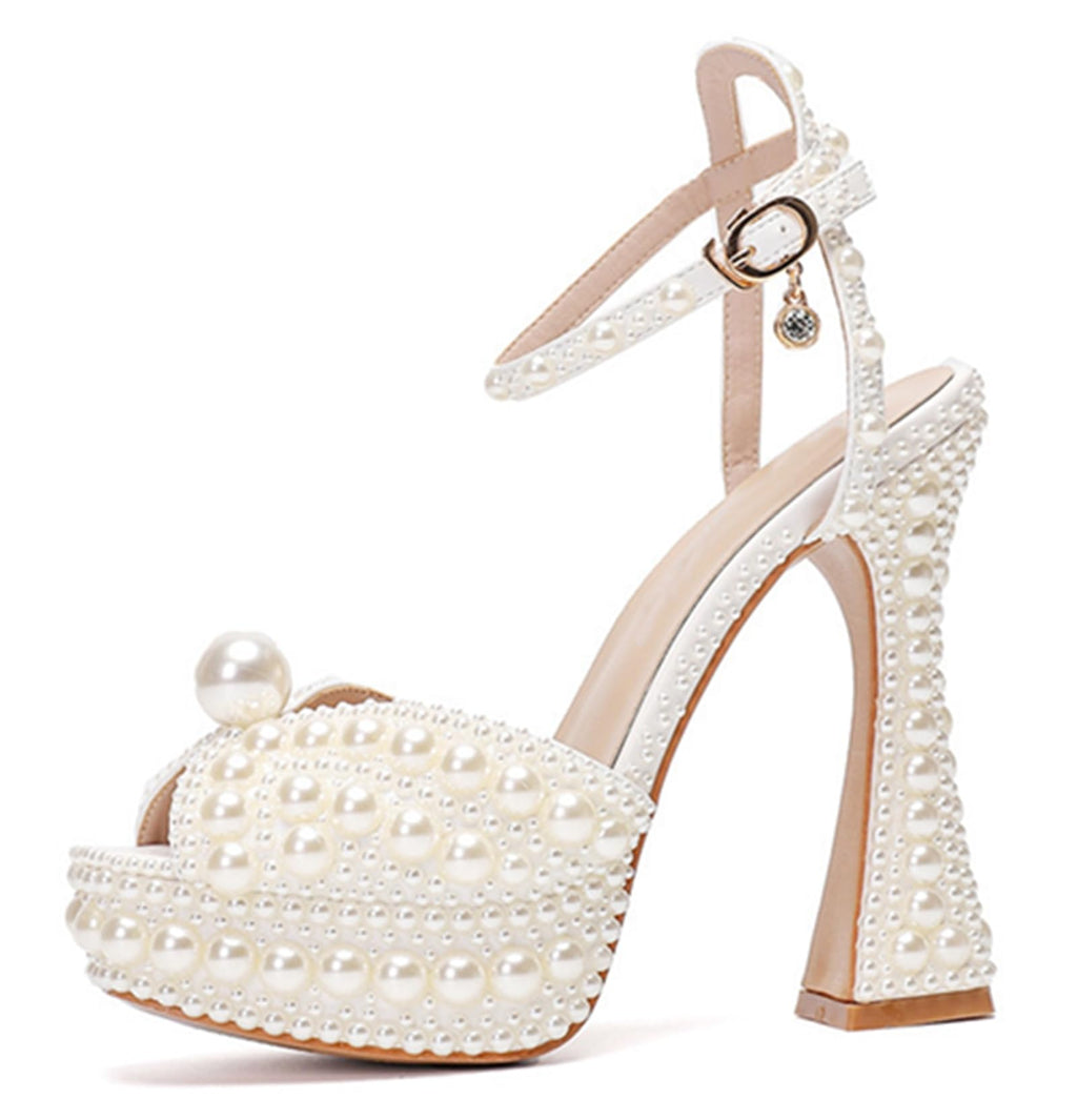 Minishion Womens Platform Wedding Shoes Slingback High Heel Party Evening Sandals with Pearl LH003 Ivory US 8