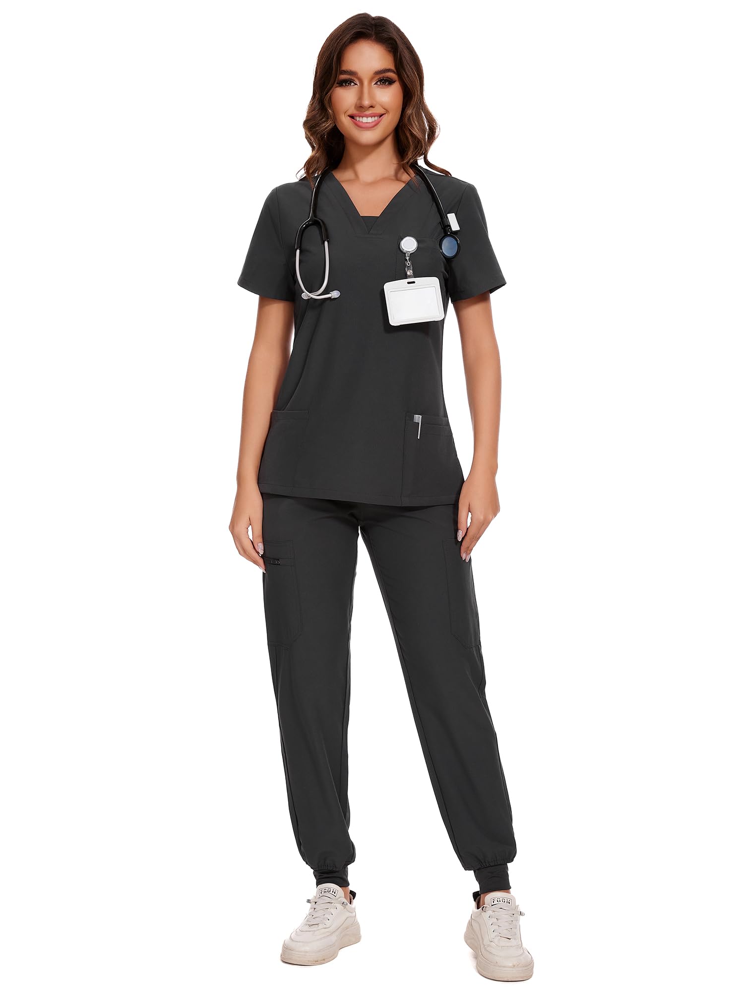 COZYFIT Scrubs for Women - V-Neck Top & Cargo Pants Scrubs Set with 10 Pockets - Dark Grey, XS