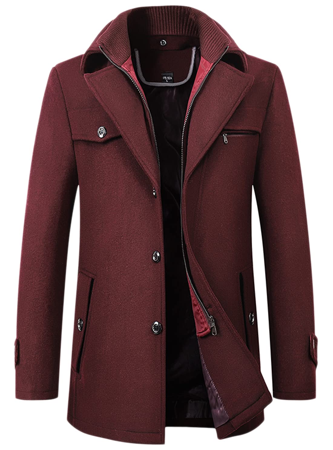 chouyatou Men's Winter Stylish Wool Blend Single Breasted Military Peacoat (Medium, Wine Red)