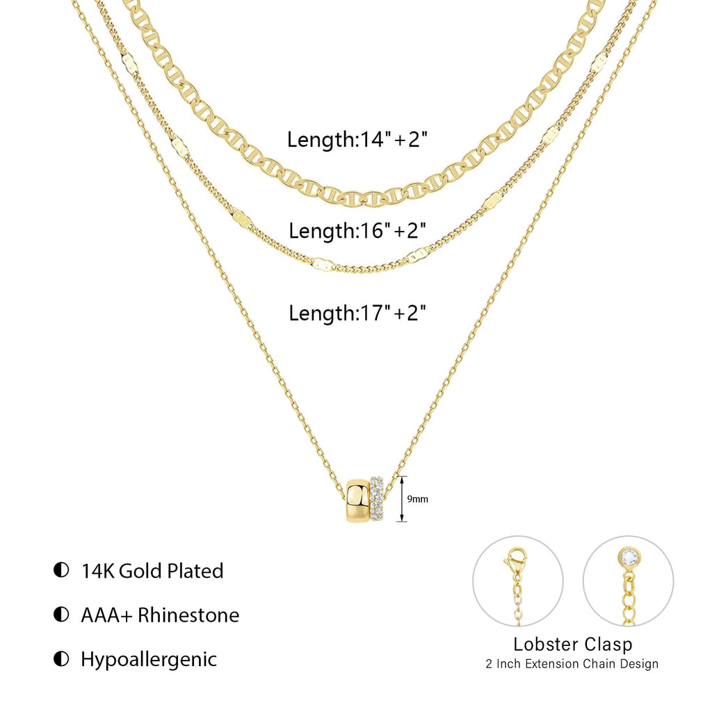 OGD Layered Necklaces for Women 14K Gold Plated Trendy Mariner Chain Dainty Circle Rondelle Pendant Choker Necklace for Women Two-Toned Cubic Zirconia Gold Necklace Stack Non Tarnish Hypoallergenic