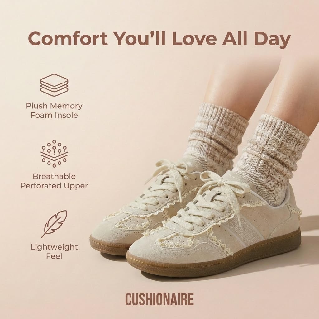 CUSHIONAIRE Belinda Women’s Lace Detail Casual Sneakers – Elegant Ribbon Lace-Up Summer Shoes for Women with Memory Foam, IVORY 8
