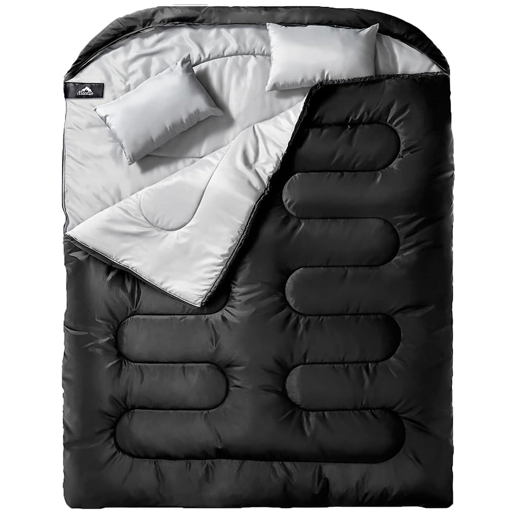 MEREZA Double Sleeping Bag for Adults Mens with Pillow, XL Queen Size Two Person Sleeping Bag for All Season Camping Hiking Backpacking for Cold Weather & Warm Black