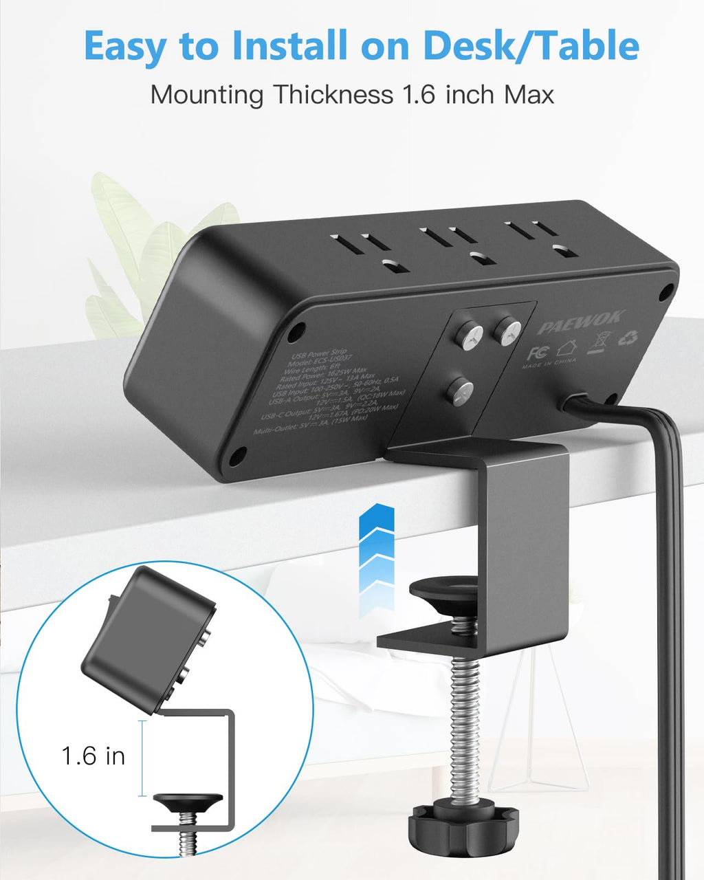 6 Outlet Desk Clamp Power Strip with USB C, Flat Plug Surge Protector, Desktop Edge Mount for 1.8 inch Tabletop Thick, Connect 6 ft Extension Cord, Table Edge Socket with Switch, Black