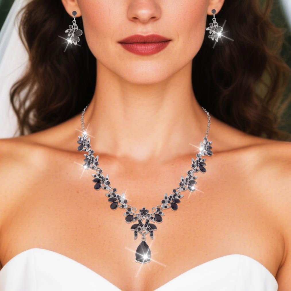 Brishow Jewelry Sets for Women Black Rhinestone Necklace Earrings Set Silver Leaf Costume Jewelry for Prom Formal Events