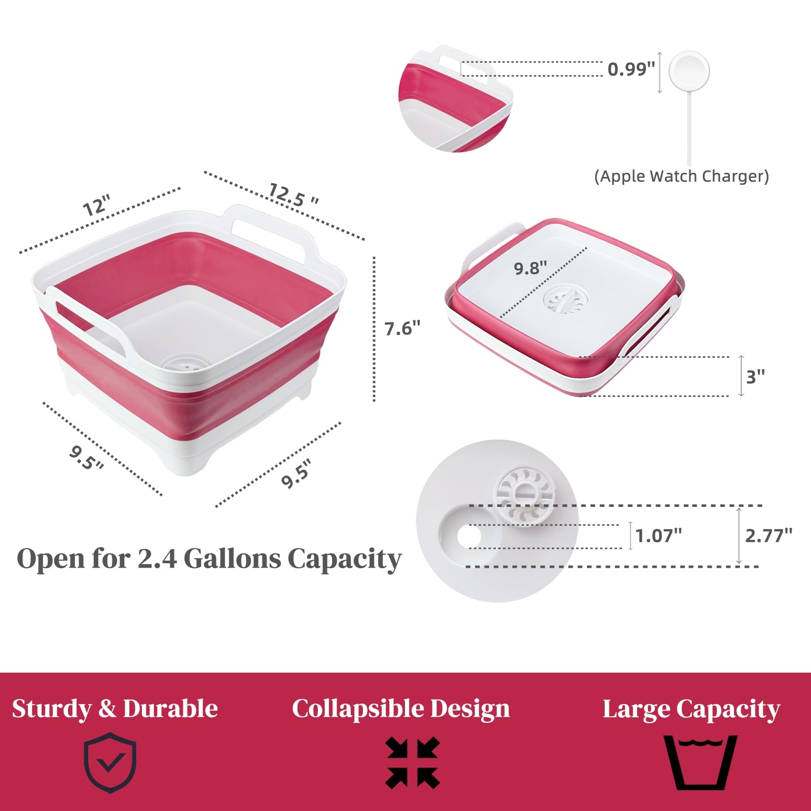 GIMWA Collapsible Wash Basin for Baby Bottles - 2.4 Gallons Portable Dish Basin for RV Camping Sink, Space-Saving Dish Tub For Bottle Washing (Viva Magenta)