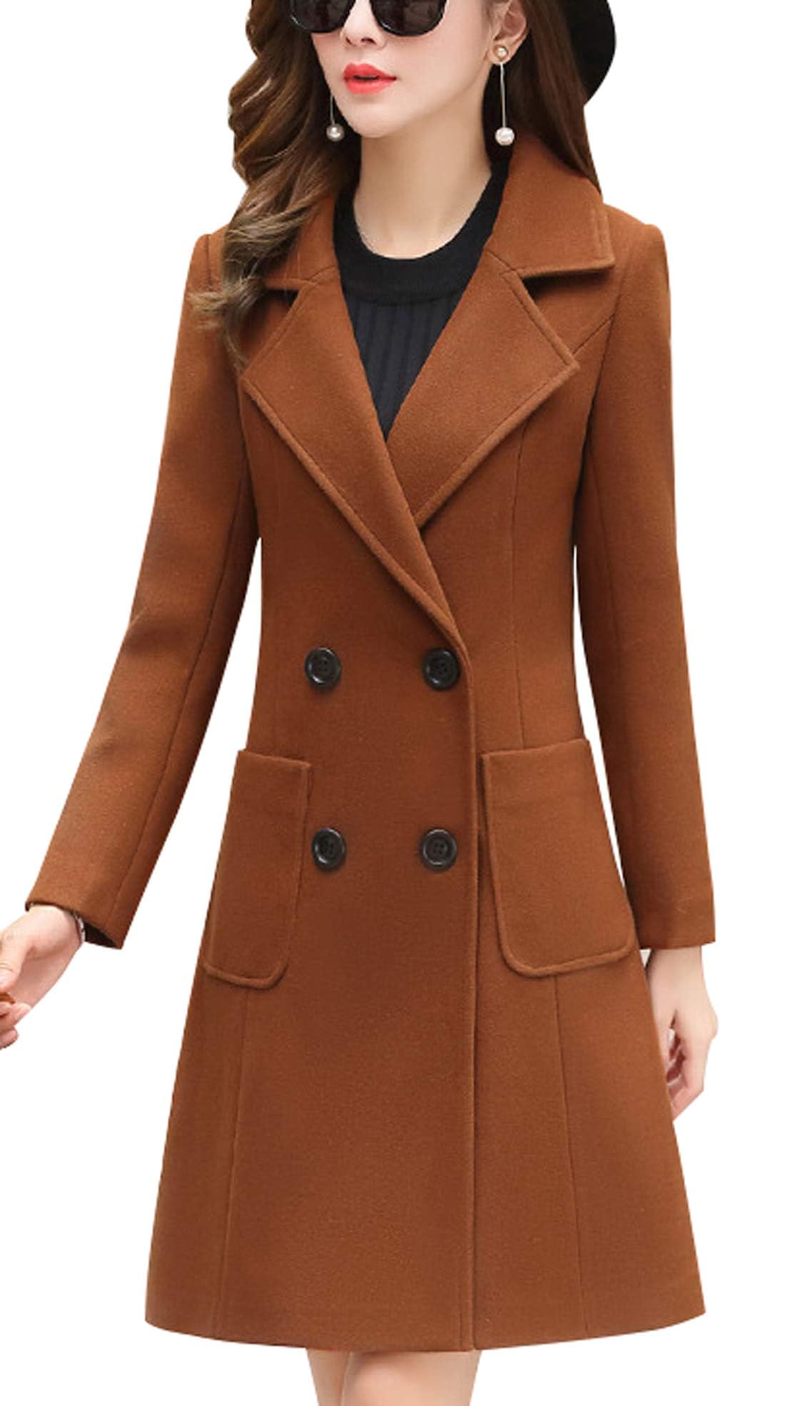 chouyatou Women Elegant Notched Collar Double Breasted Wool Blend Over Coat (Medium, Brown)