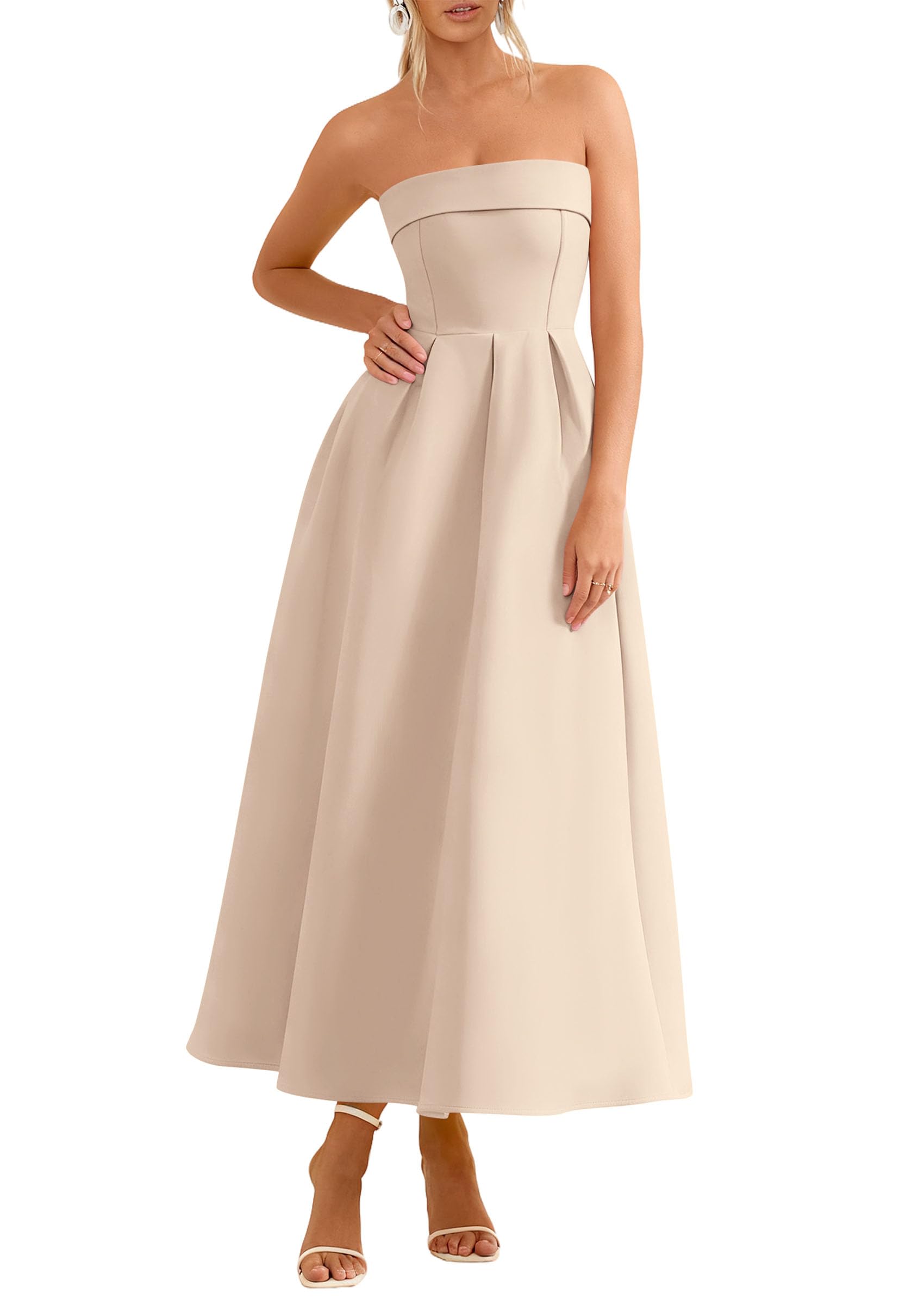 PRETTYGARDEN Cocktail Dresses for Women 2026 Summer Formal Elegant Tube Top Strapless Spring Wedding Guest Party Midi Dress(Beige,Small)
