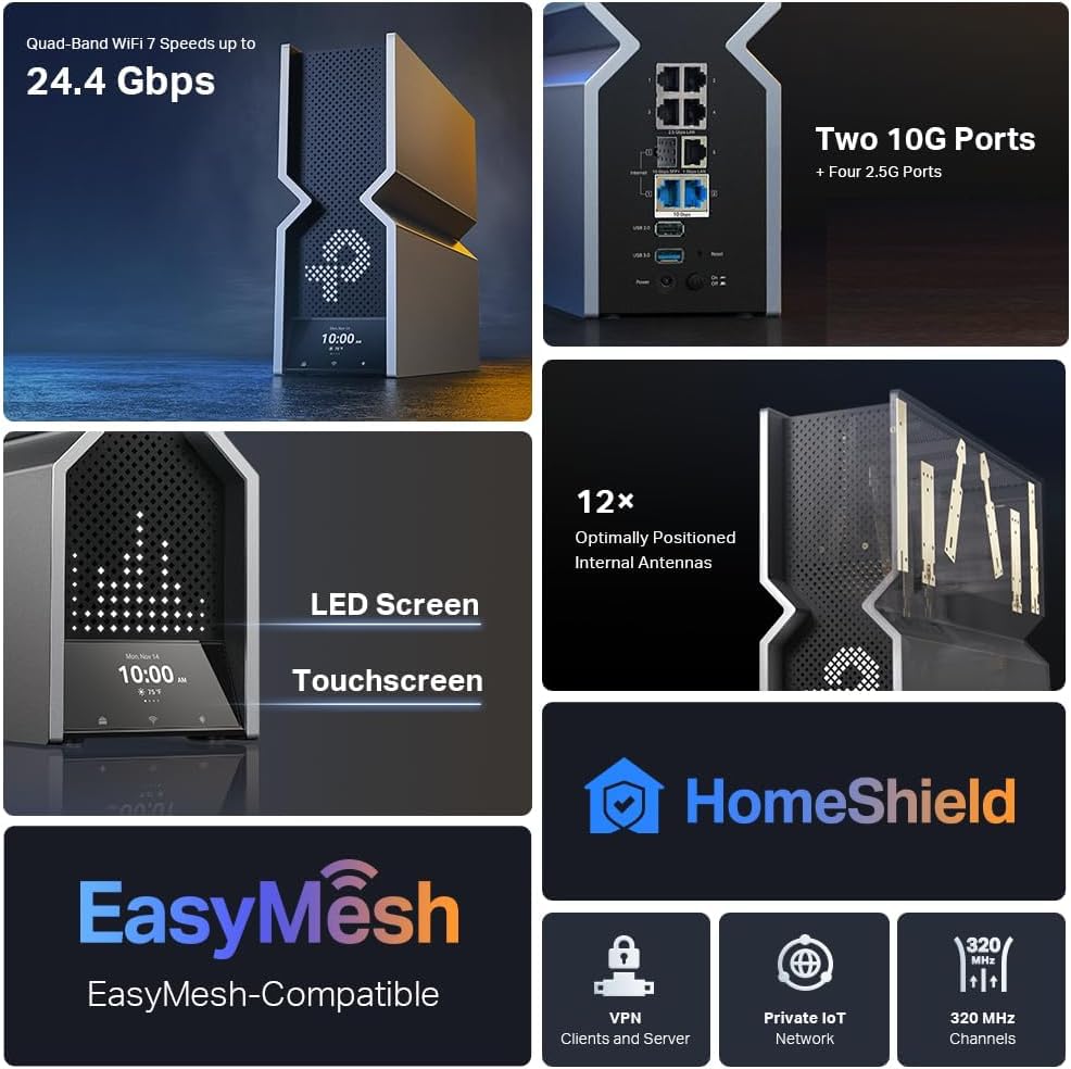 TP-Link Archer BE24000 Quad-Band WiFi 7 Router (Archer BE900) with Dual 10 Gbps Multi-Gig Ethernet Ports and LED Touch Screen,12 High Performance Antennas, VPN Supported, Free Expert Help