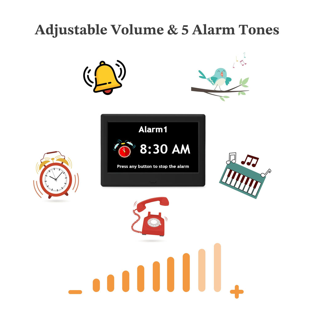 7'' Dementia Clock For Seniors, Large Display Digital Clock With Date, Time, Day Of Week for Elderly, Memory Loss, Alzheimer, 1024*600P HD, 10 Reminders & 6 Alarms, Auto Dimming & DST, Remote Control