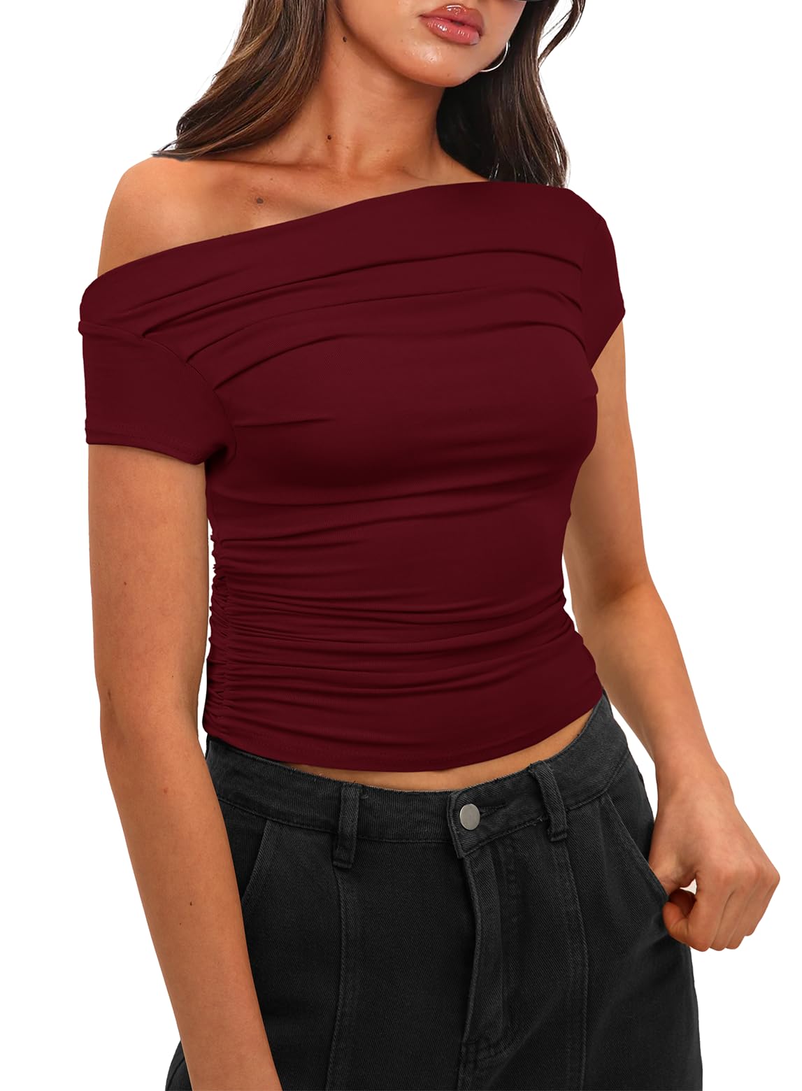 Darong Women's Classic Fit Short Sleeve Boat Neck T Shirt Y2K Tight Tshirts 9048 Wine Red M