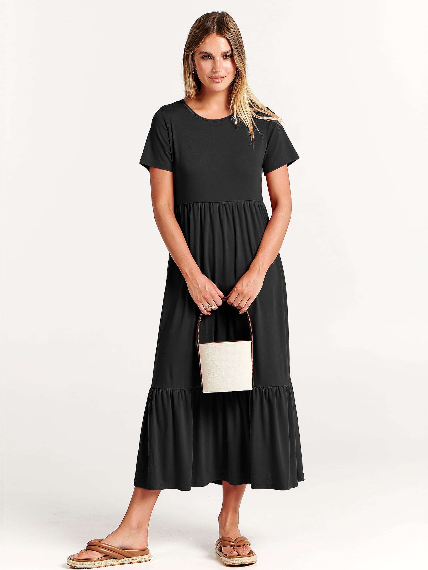 ANRABESS Womens 2025 Summer Casual Maxi Dress A line Tiered Flowy Short Sleeve Crewneck T Shirt Beach Travel Long Dresses Black Small