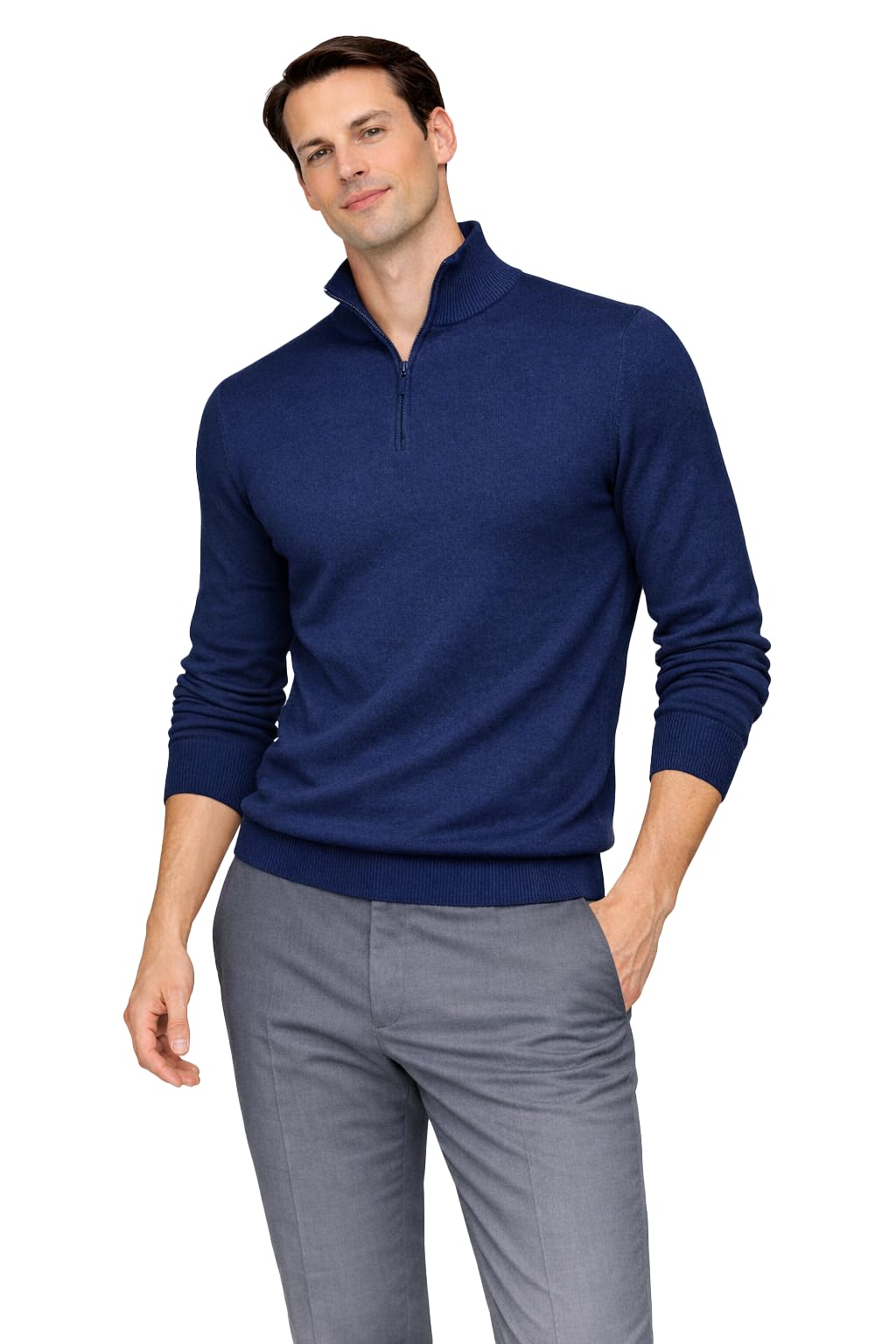 State Cashmere Men's Half Zip Mock Neck Sweater 100% Pure Cashmere Polo Neck Pullover (Navy, Medium)