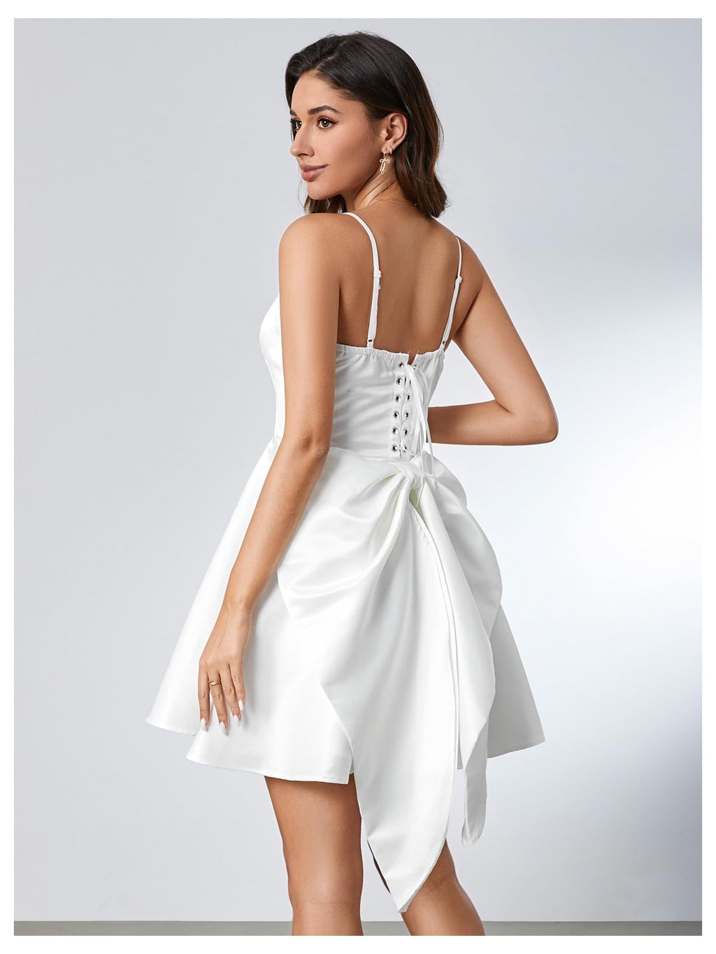 WDIRARA Women's Satin Bow Homecoming Dresses Spaghetti Strap Wedding Guest Gown Summer Mini Dress A White