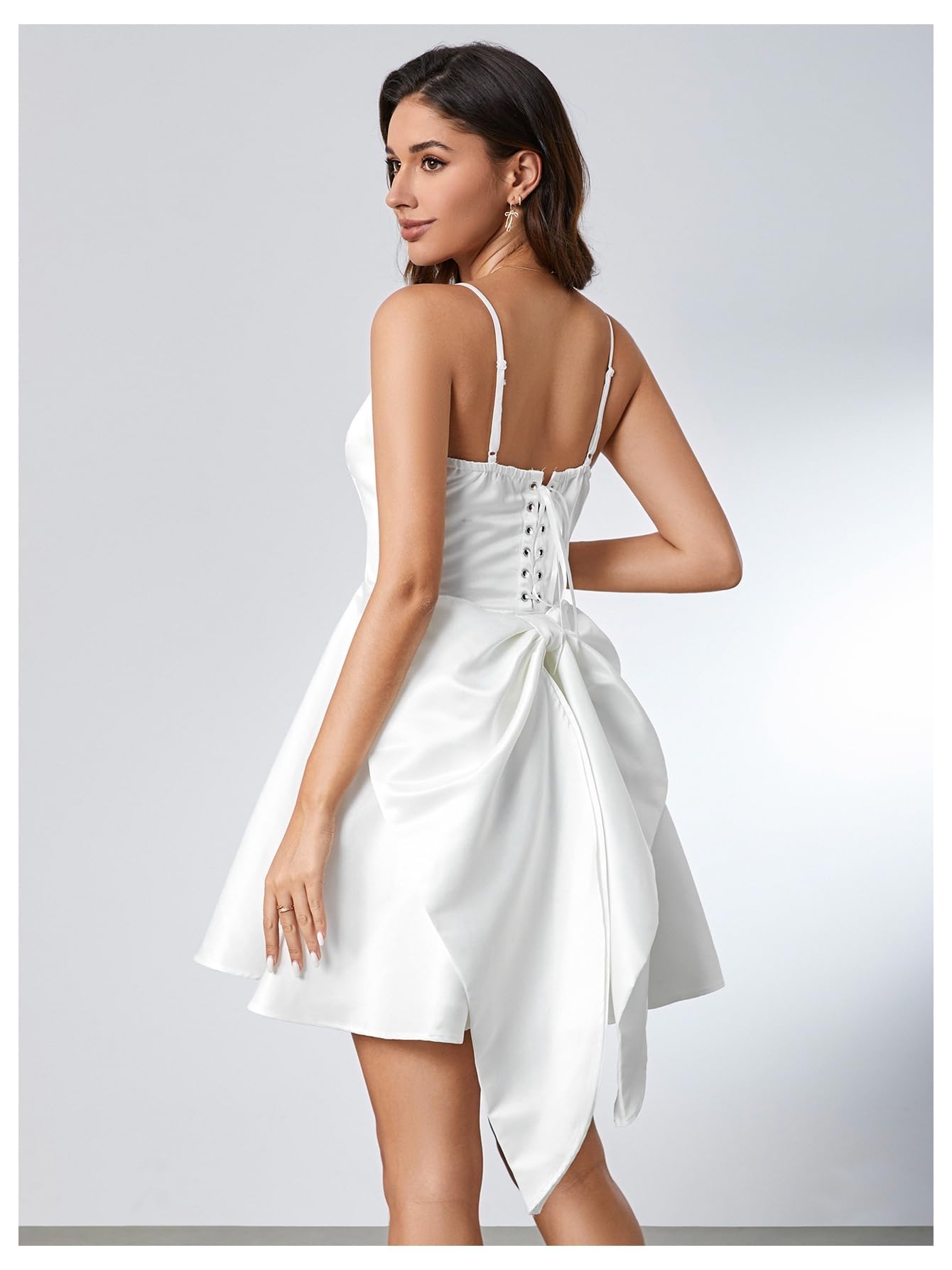 WDIRARA Women's Satin Bow Homecoming Dresses Spaghetti Strap Wedding Guest Gown Summer Mini Dress A White