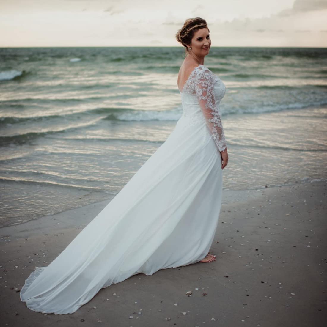 Findlovewedding Wedding Dresses for Bride 2024 with Lace Appliques Chiffon A Line Women Dress Long Sleeves Beach Bride Dress US16 Ivory