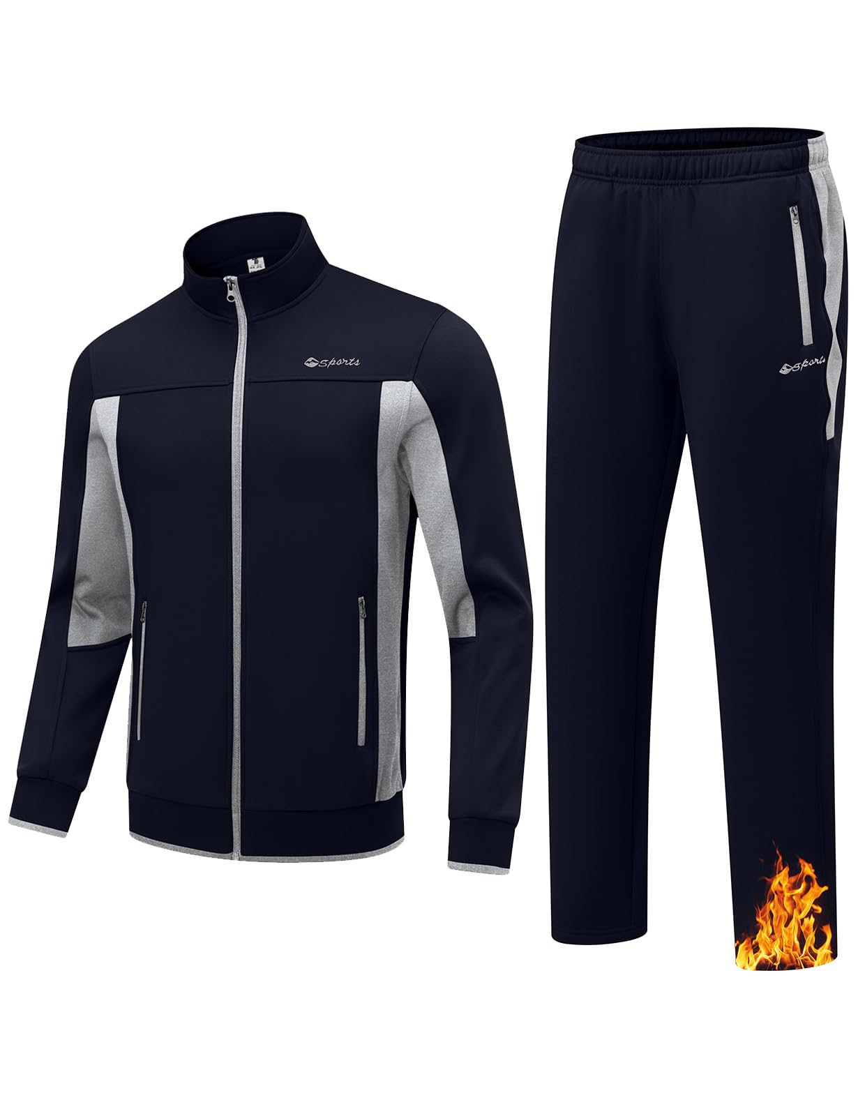 TBMPOY Men's Fleece Lined Tracksuits Sweatsuits 2 Piece Sets Winter Jogging Track Sweat Suits Thermal Casual Outfits Dark Blue/Light Grey L