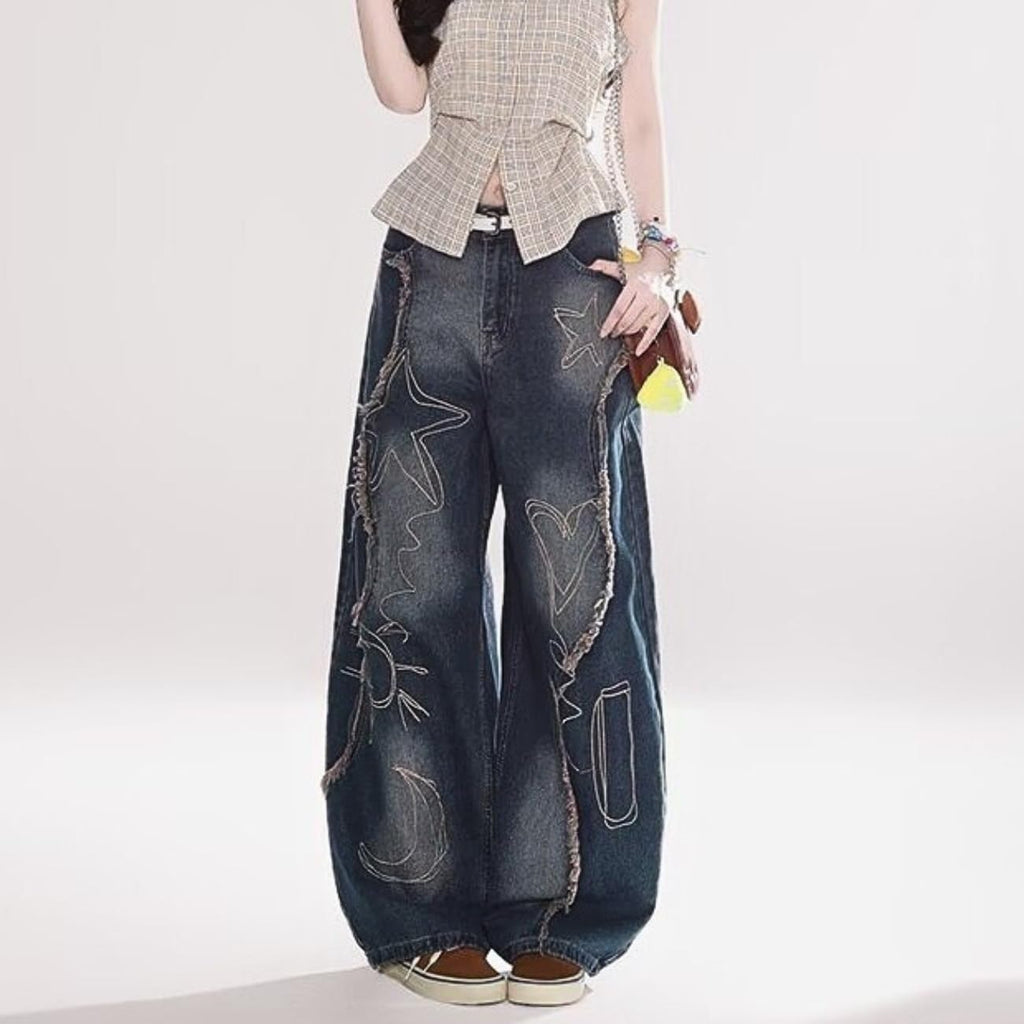 OTEEGX Baggy Jeans for Women Girls Star Wide Leg Barrel Jeans Embroidered Patchwork Cute Denim Pants Trendy Clothes Blue1-S