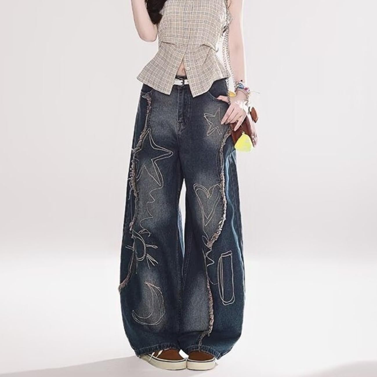 OTEEGX Baggy Jeans for Women Girls Star Wide Leg Barrel Jeans Embroidered Patchwork Cute Denim Pants Trendy Clothes Blue1-S