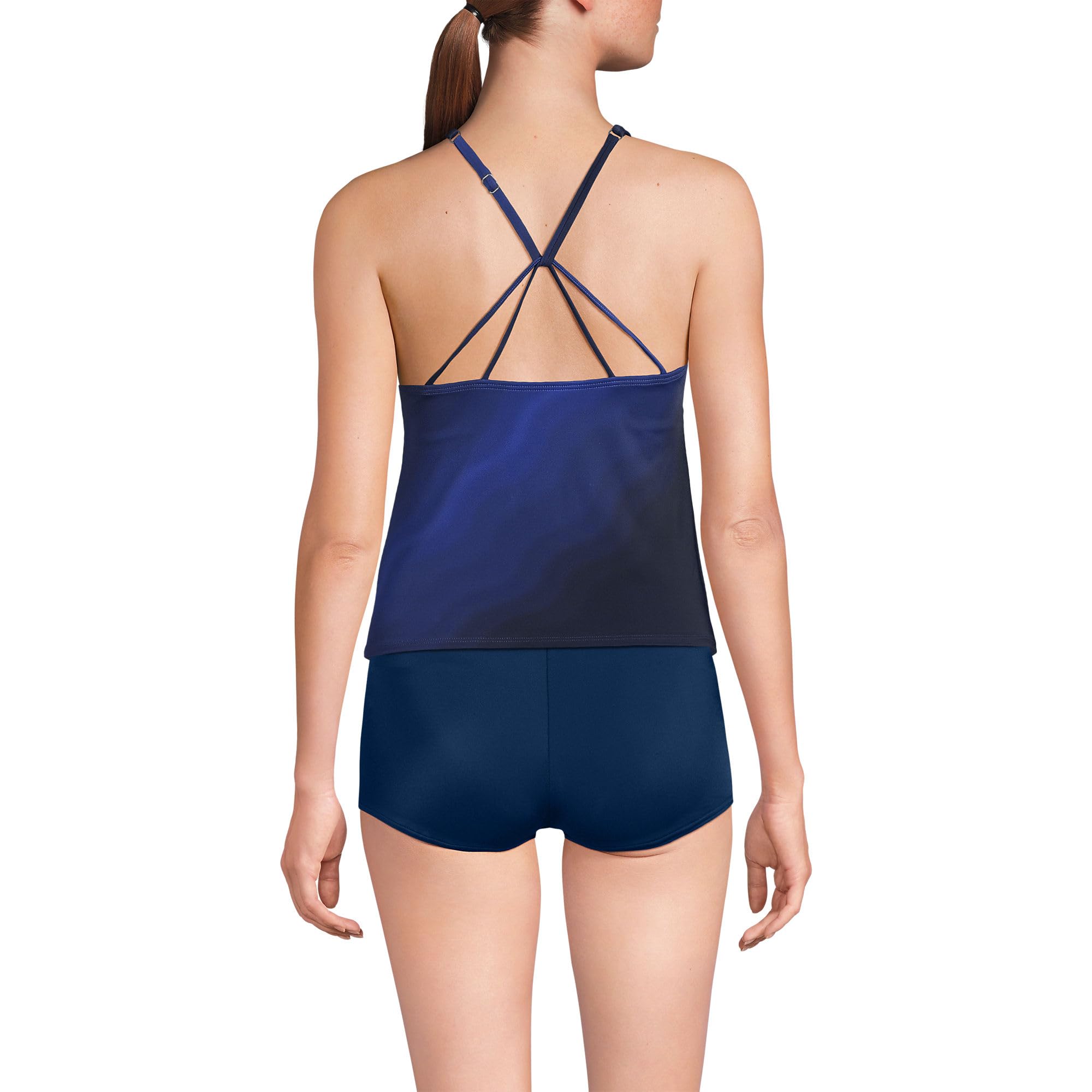 Lands' End Women's Tugless High Neck Strappy Back Tankini Top 2 Blue Wavy Ombre