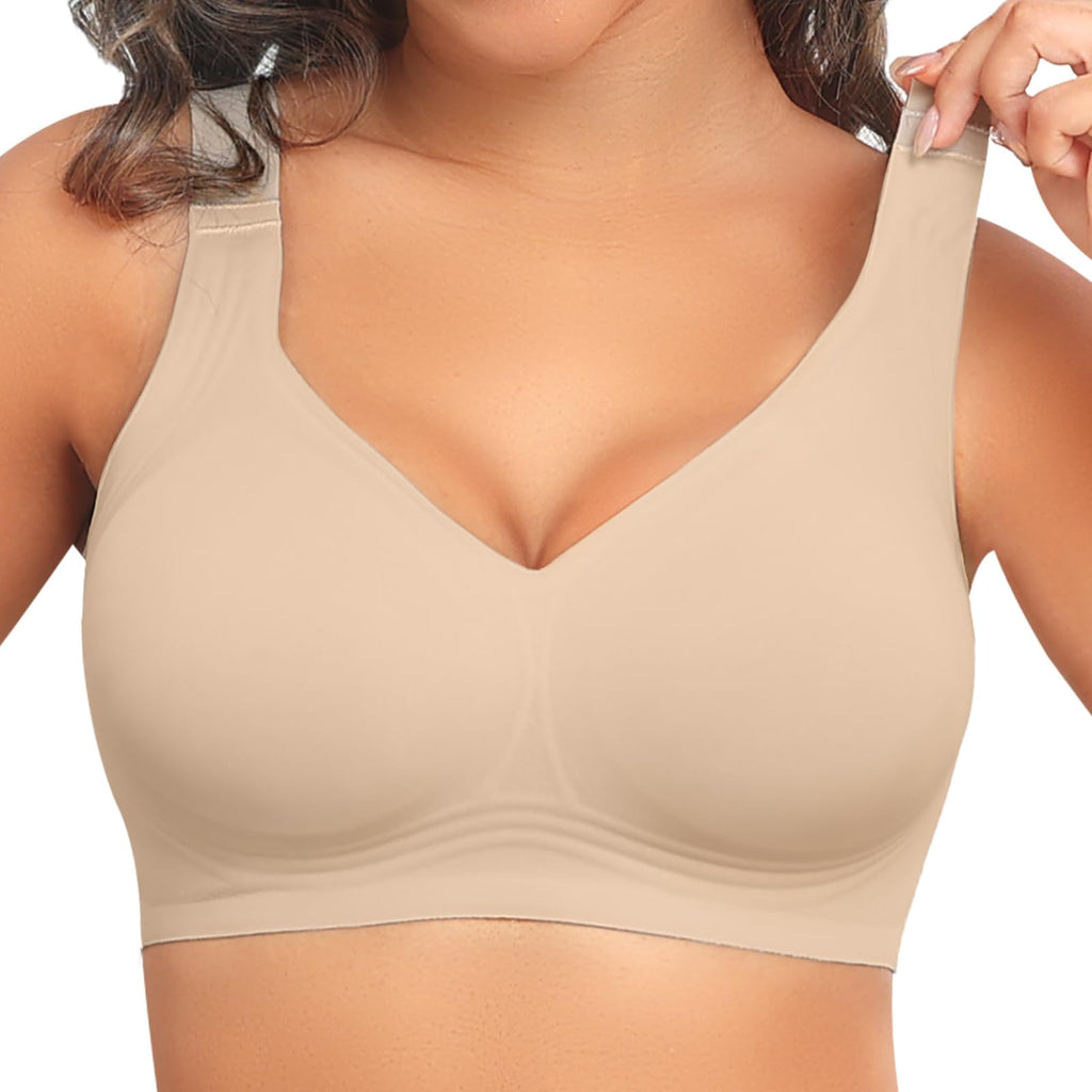 PoseFree Womens Bras No Underwire Full Support Back Fat Smoothing Bralette Wireless Push Up Plus Size Sports Bra (Nude,L)