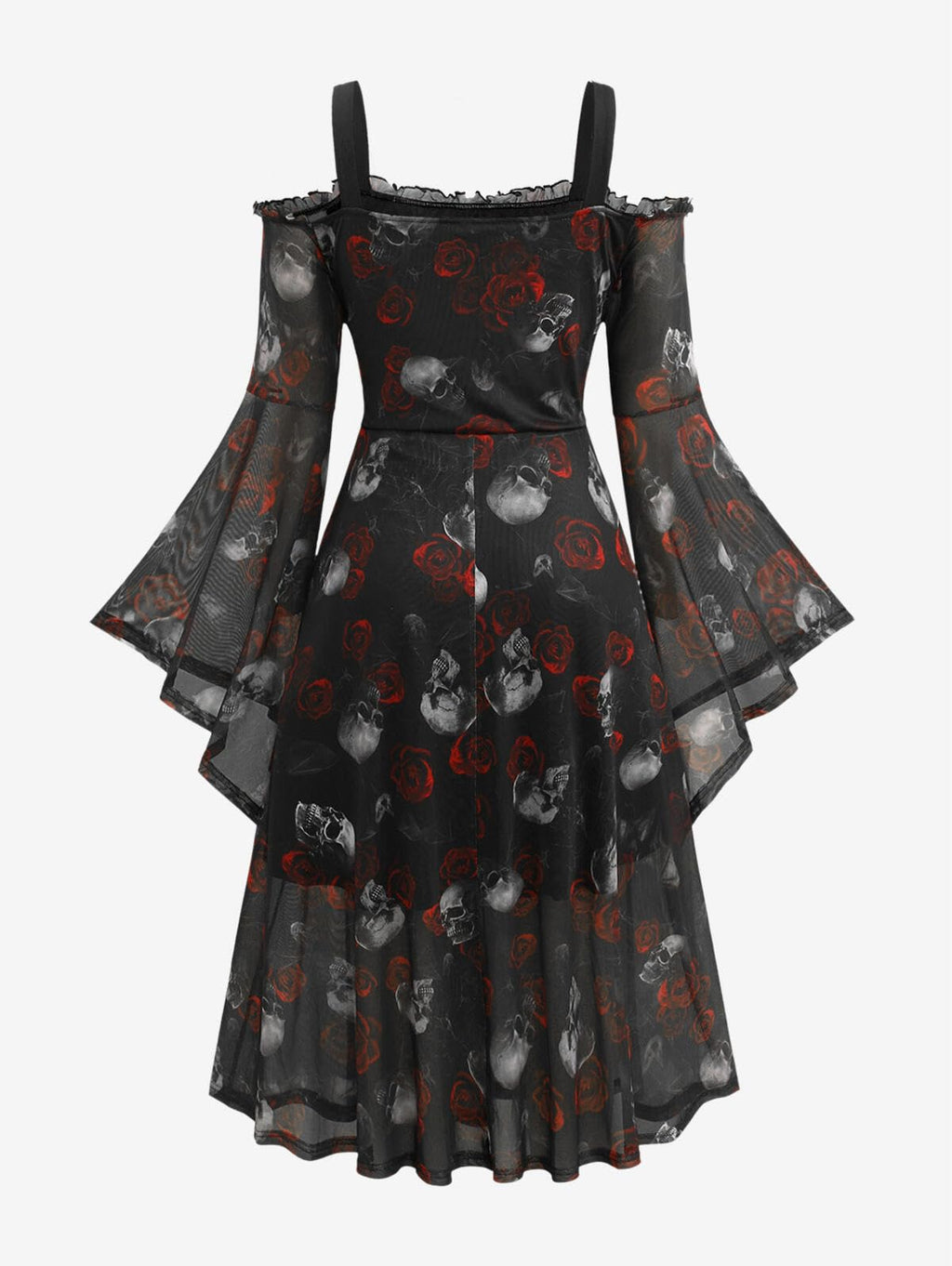 Rosegal Plus Size Women Medieval Renaissance Costume - Gothic Bell Sleeves Cold Shoulder Skulls Rose Mesh Dress - Halloween Witch Cosplay (Black 2/L)