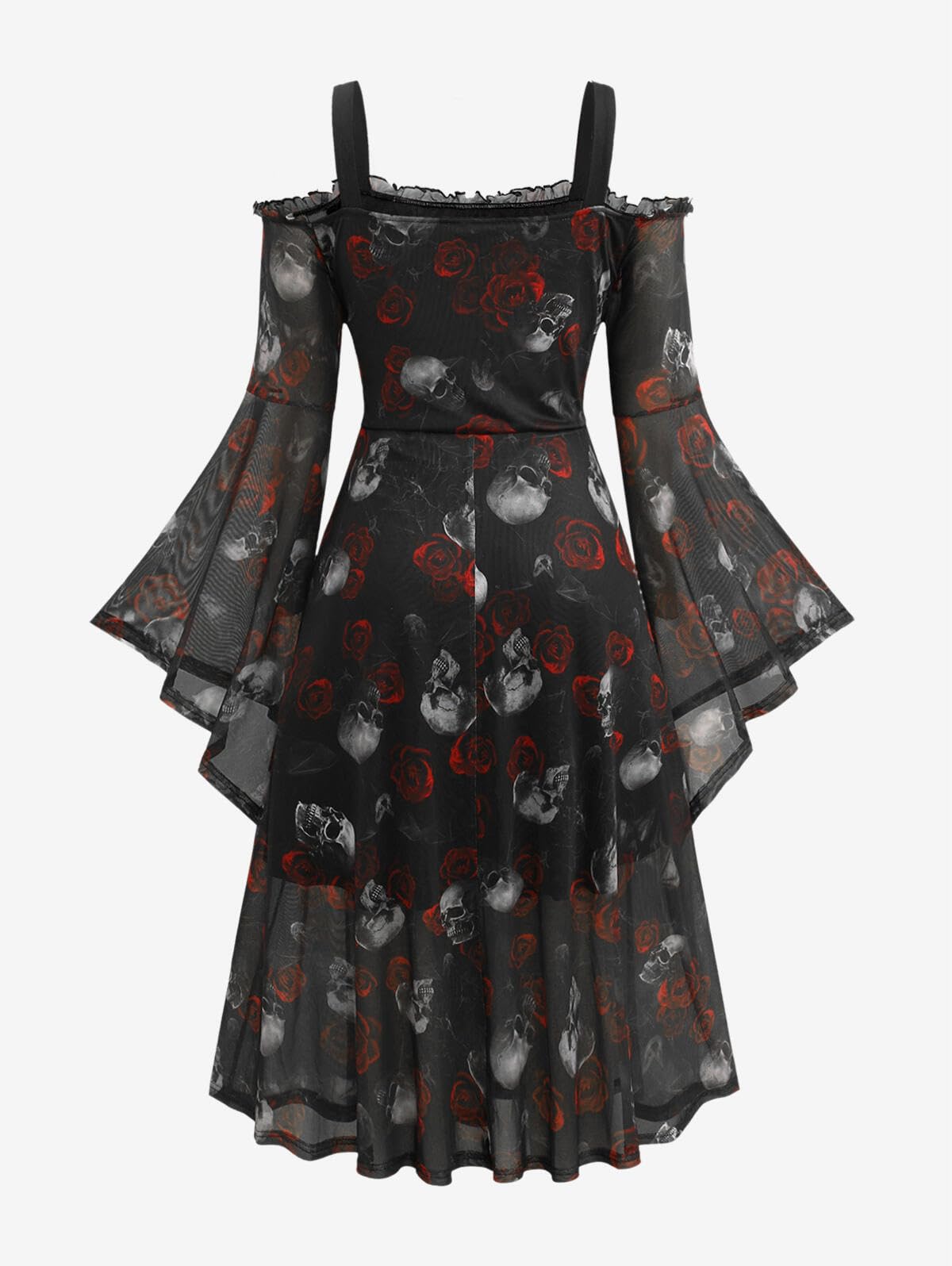 Rosegal Plus Size Women Medieval Renaissance Costume - Gothic Bell Sleeves Cold Shoulder Skulls Rose Mesh Dress - Halloween Witch Cosplay (Black 2/L)