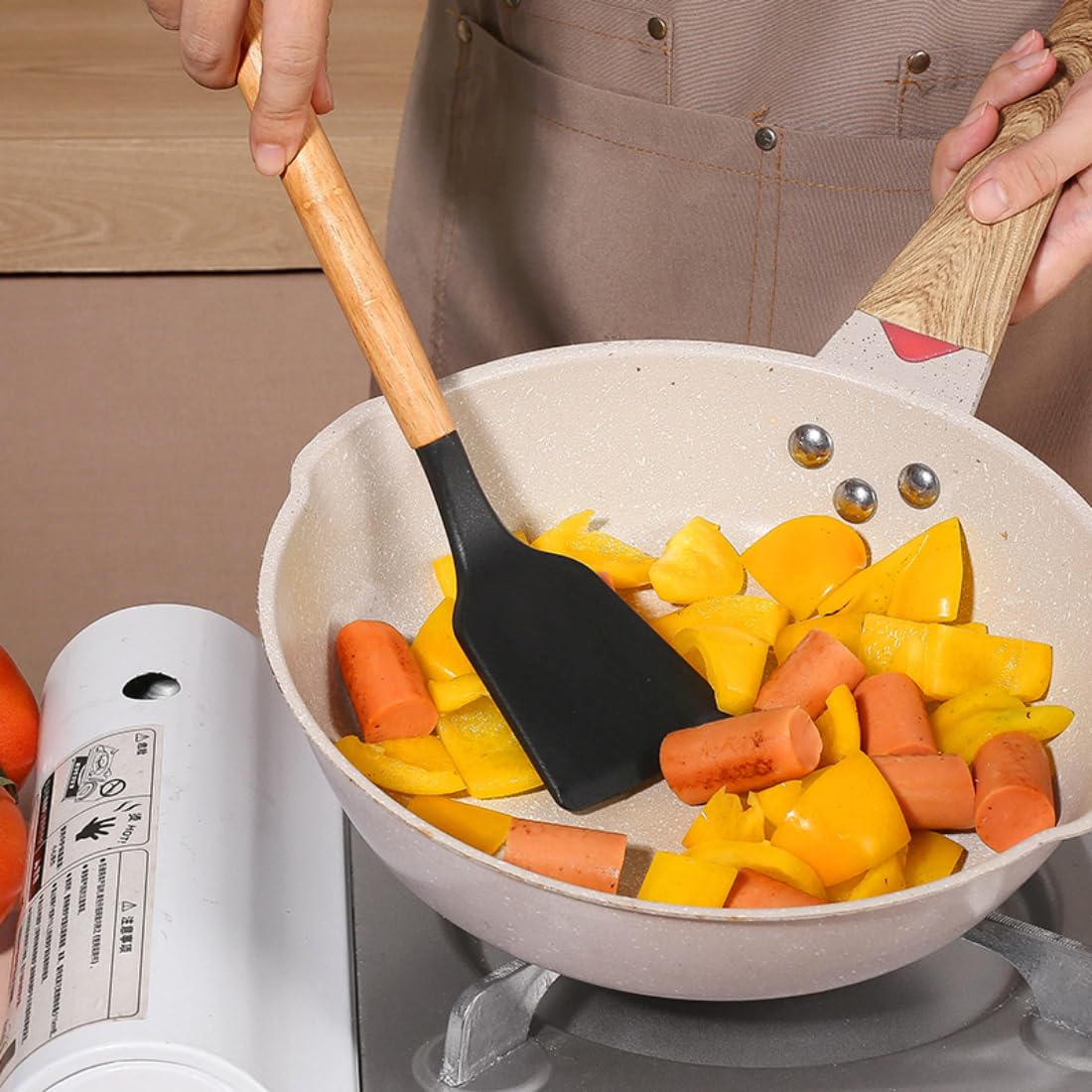 Henlutuo 19-Piece Silicone Kitchen Utensil Set with Stainless Steel Knives & wood Handles | Non-Scratch, Heat-Resistant | Includes Storage Holder (WHITE)