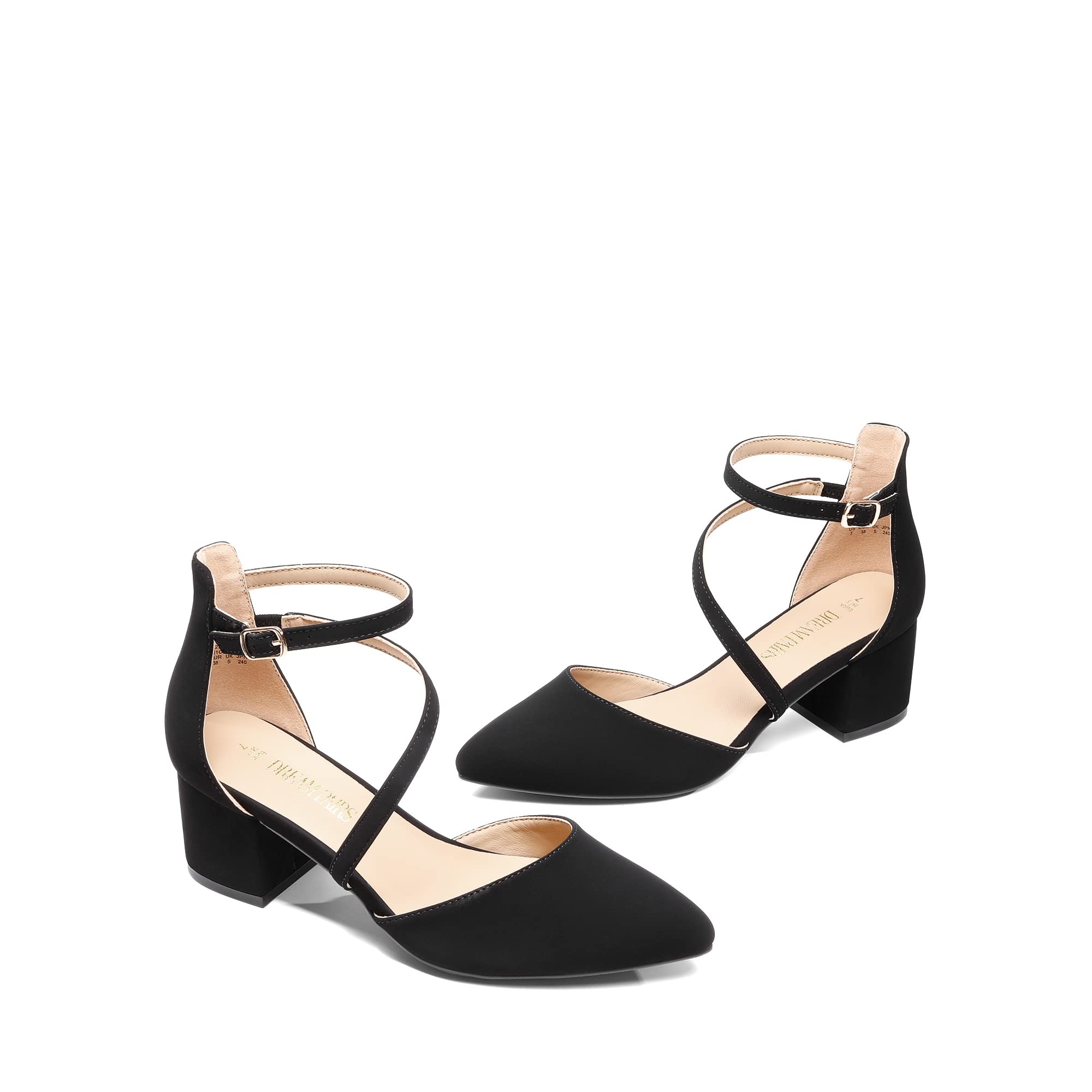 DREAM PAIRS Women's Closed Pointed Toe Low Chunky Heels Pumps Ankle Strap Wedding Business Dressy Shoes,Size 7,Black-Nubuck,SDPU2354W