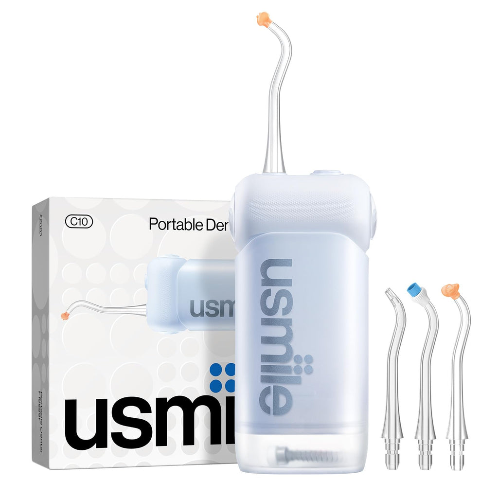usmile C10 Portable Water Flosser – Travel-Friendly, 95-Day Battery, 4 Modes, 360° Nozzle, 180ml Tank, IPX7 Waterproof, Dentist-Recommended for Braces, Implants & Sensitive Gums (Blue)