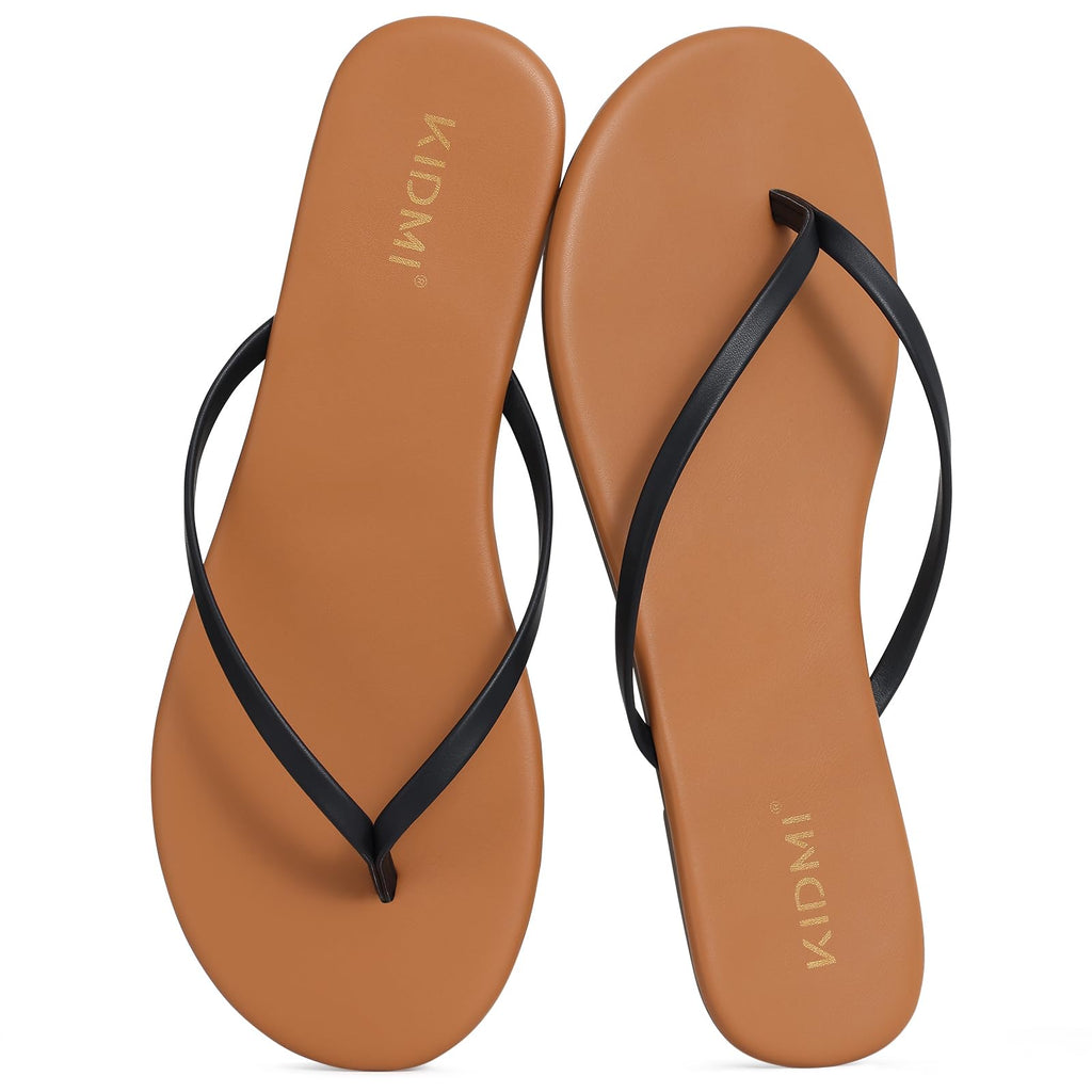 KIDMI Thong Flip Flops for Women - Memory Foam Summer Beach Sandals for Women - Vegan Leather Flat Sandals, Brown/Black EU 36