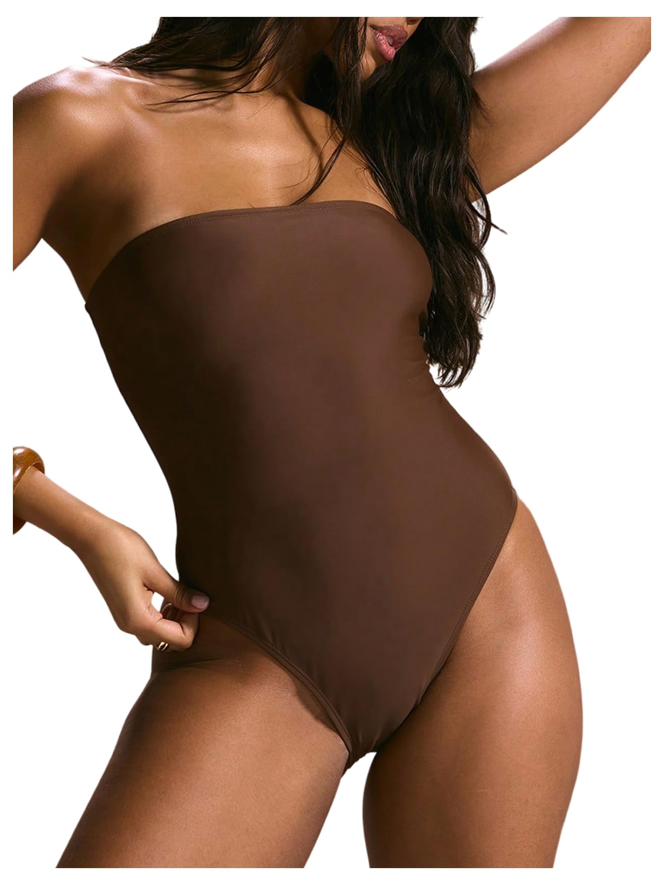 WDIRARA Women's One Piece Swimsuit Strapless Bandeau Bathing Suits Tummy Control Swimwear Coffee Brown X-Small