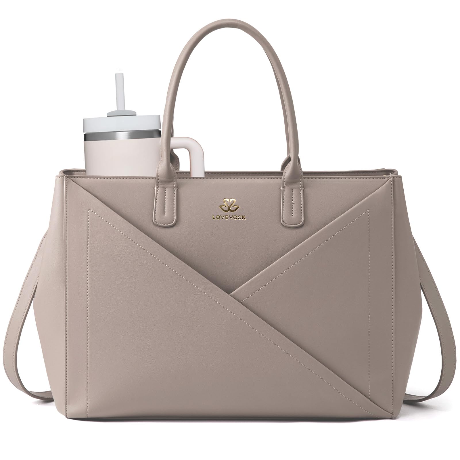 LOVEVOOK Laptop Tote Bag for Women with Large Cup Holder, 16 Inch PU Leather Work Bag Teacher Tote Bag, Waterproof Computer Bags Business Office Briefcase Handbag