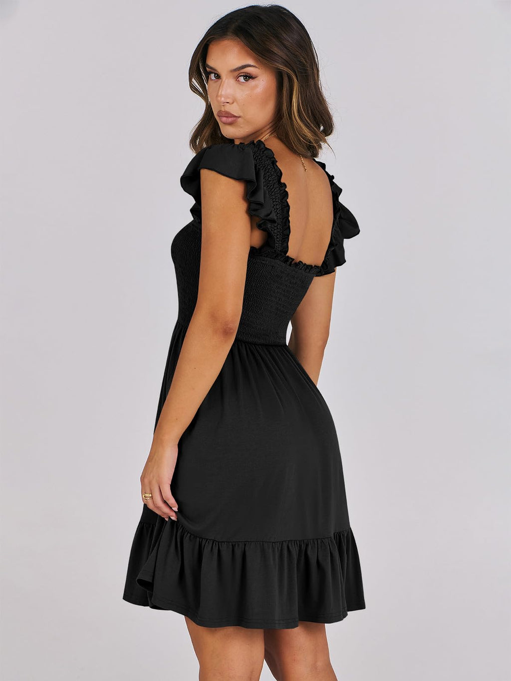 ANRABESS Women's Summer Casual Sleeveless Square Neck Dress 2026 Smocked Ruffle Backless Boho Beach Cute Teen Short Sundress Black Large