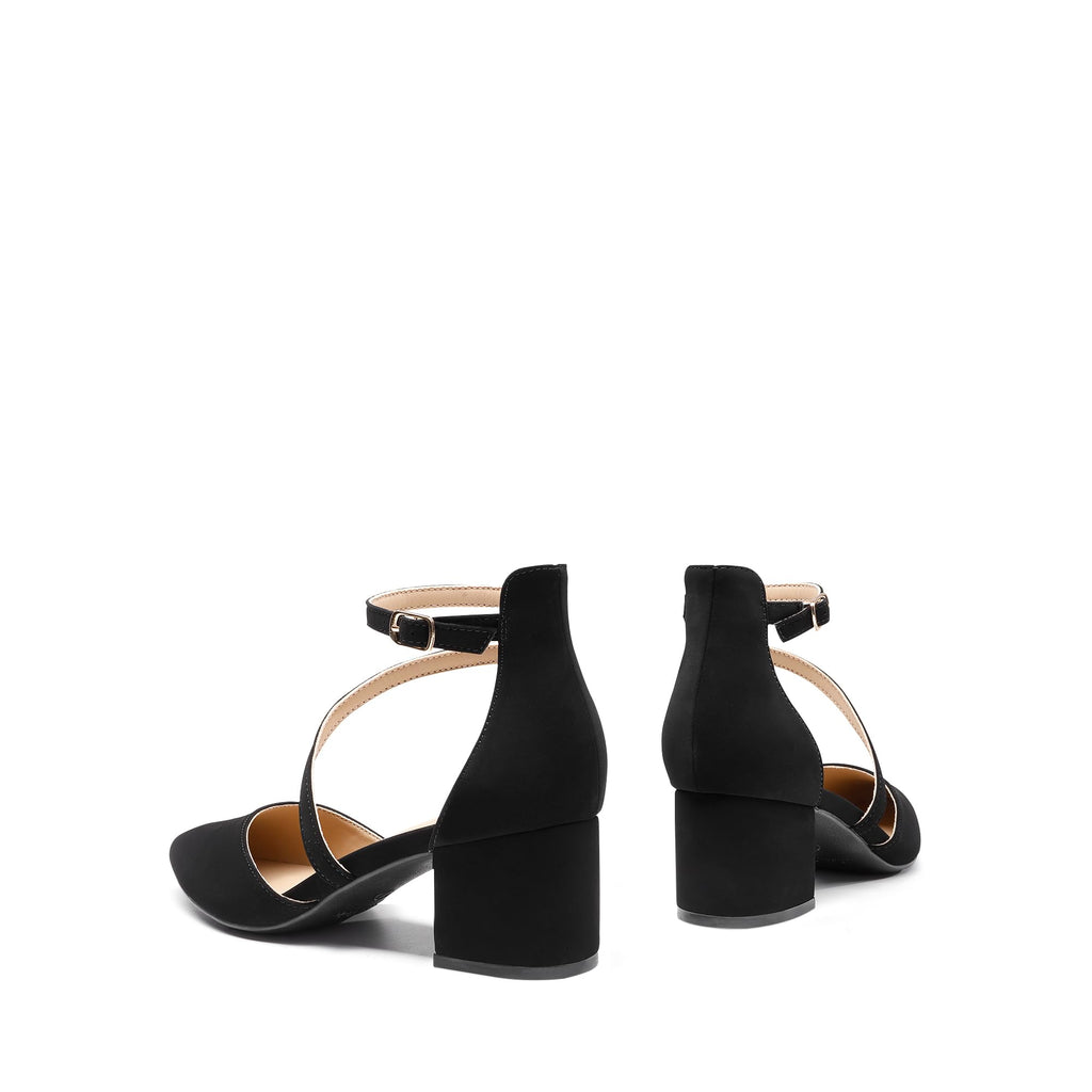 DREAM PAIRS Women's Closed Pointed Toe Low Chunky Heels Pumps Ankle Strap Wedding Business Dressy Shoes,Size 7,Black-Nubuck,SDPU2354W