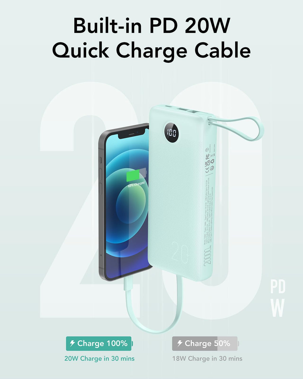 VRURC Portable Charger 20000mAh, Built-in Cables Fast Charging Power Bank, PD QC 3.0 Travel Essentials Battery Pack, 4 Output & 2 Input Phone Charger for iPhone16 15 14 13 X, Samsung, Android