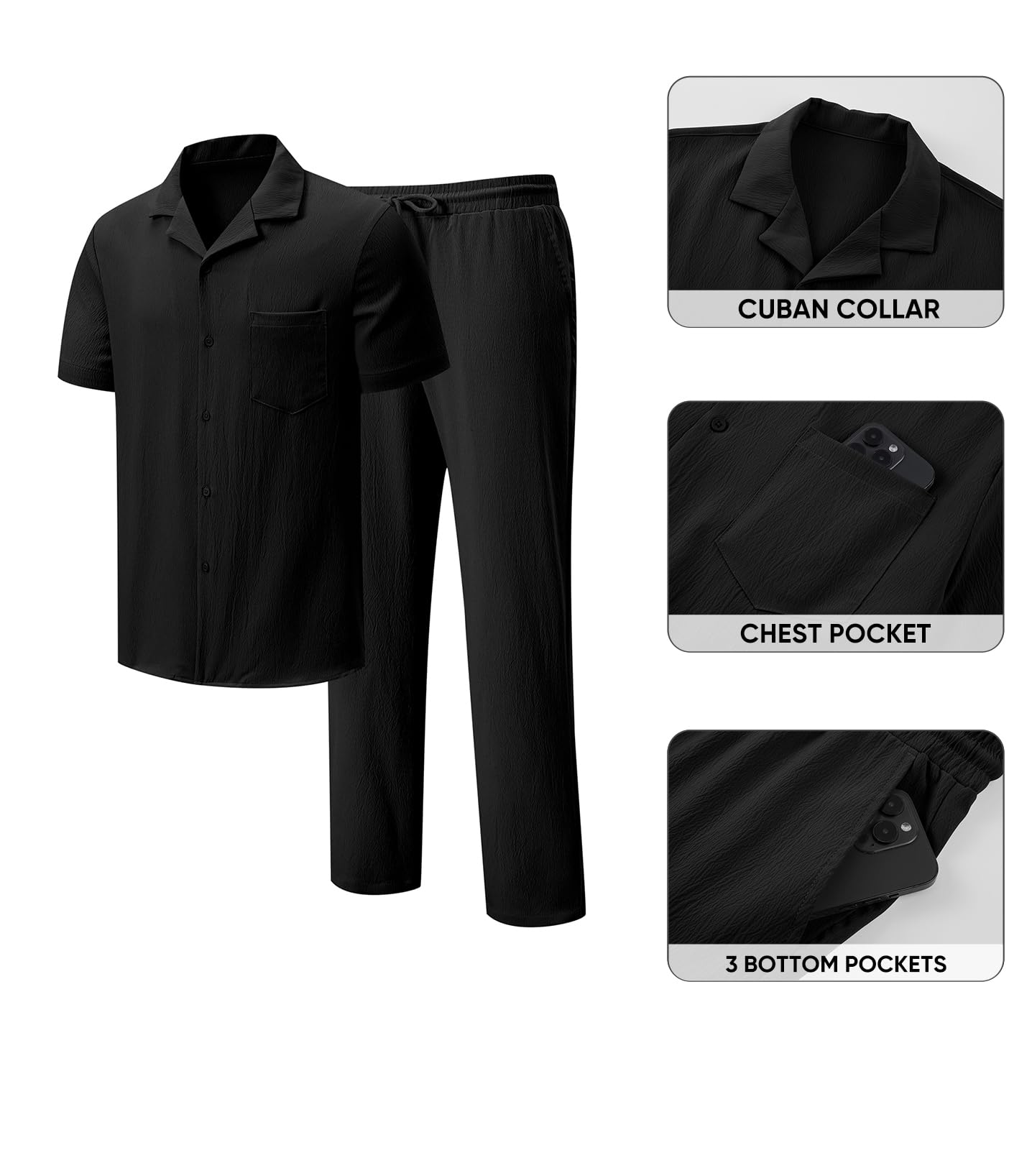 JMIERR Men Texture 2 Piece Outfit Short Sleeve Lightweight Beach Button Down Shirt Casual Pant Sets with Pocket