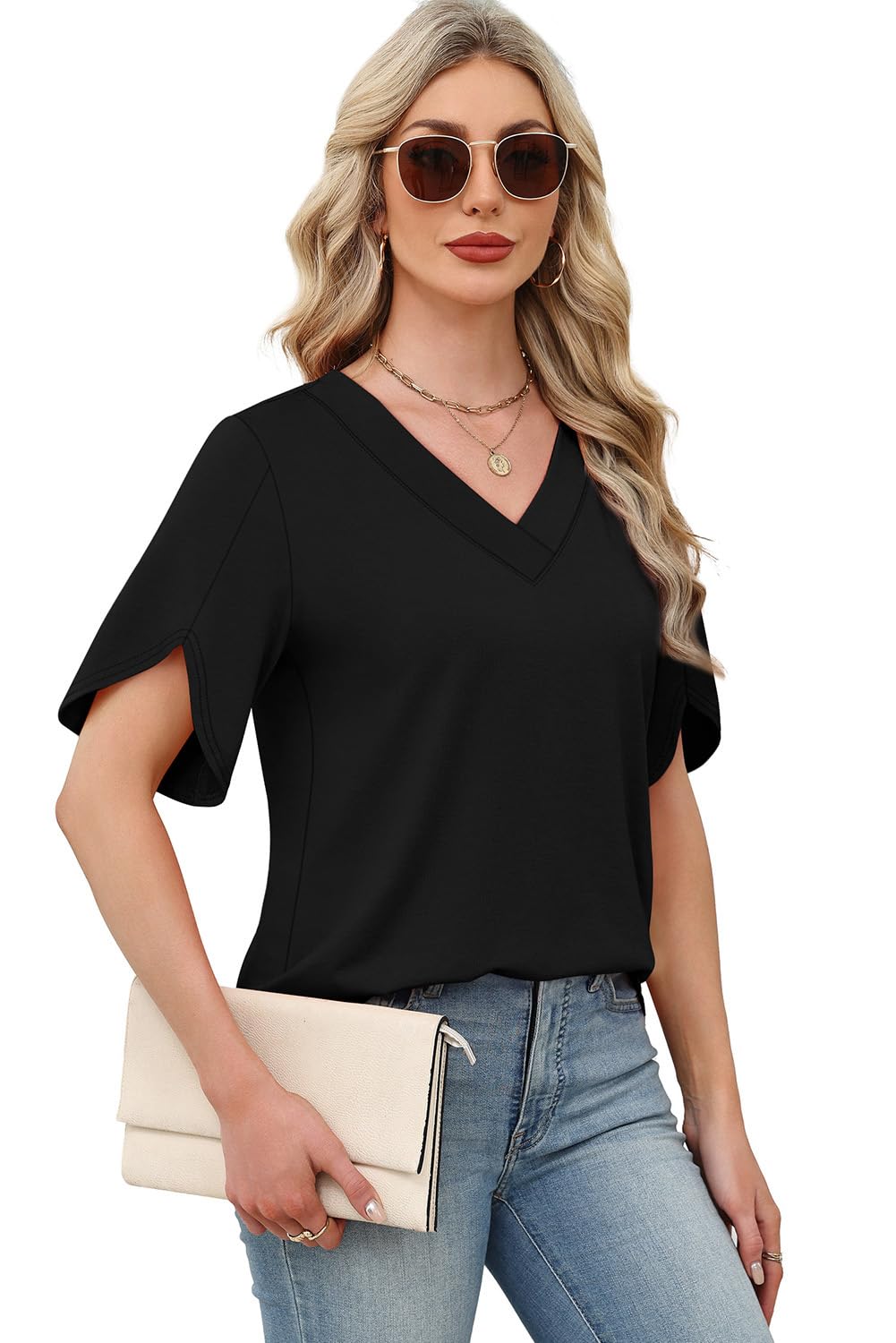 WIHOLL Womens Tops Short Sleeve Shirts Summer Outfits 2026 Blouses for Women Dressey Casual Beach Vacation Clothes Fashion Clothing Business Black XL