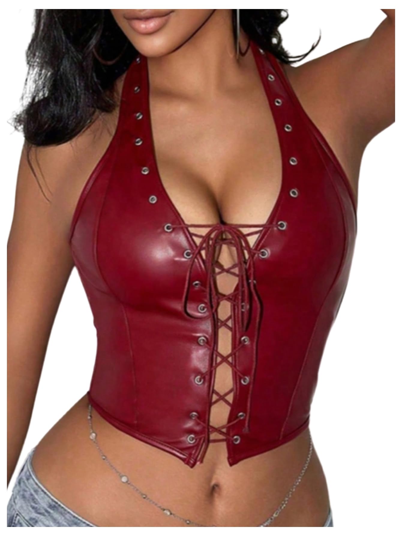 WDIRARA Women's Punk PU Leather Halter Top Grommet Eyelet Tie Front Corset Crop Top Burgundy X-Small