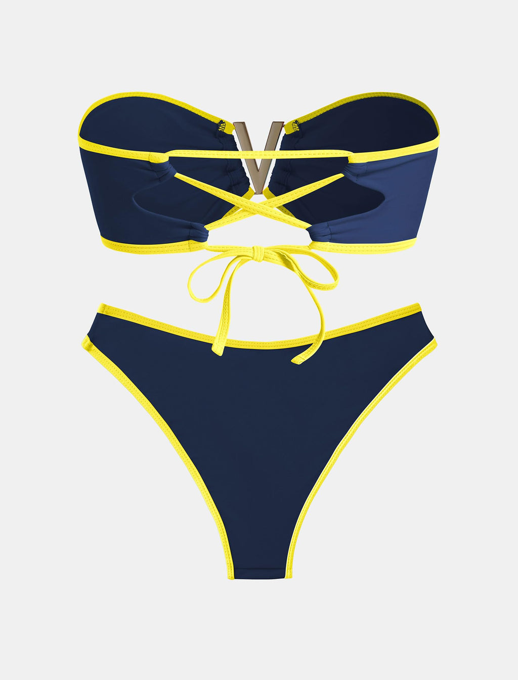 ZAFUL Women's Bandeau Bikini V Strapless Confetti Colorblock Tie Back High Cut Two Piece Swimsuit Bathing Suits (1-Navy Blue+Yellow, M)