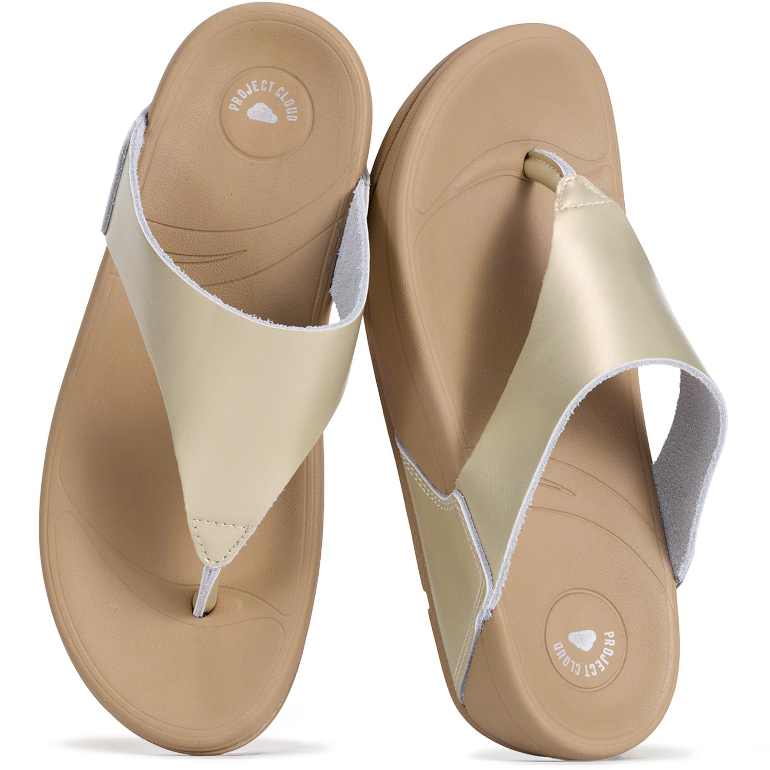 Project Cloud Genuine Leather Women’s Sandals – Thong Flip Flops with Plush Soft Insole, Arch Support & Non Slip Outsole – Comfortable Beach & Summer Slides (Arlo-GOLD-10)