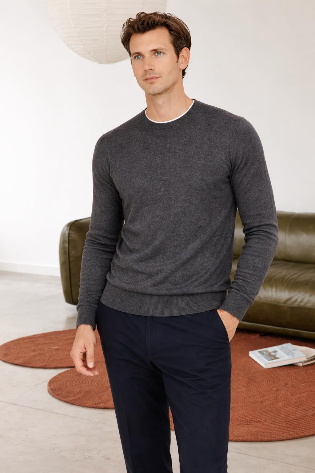 State Cashmere Men's Essential Crewneck Sweater 100% Pure Cashmere Classic Long Sleeve Pullover (City Smoke, Large)