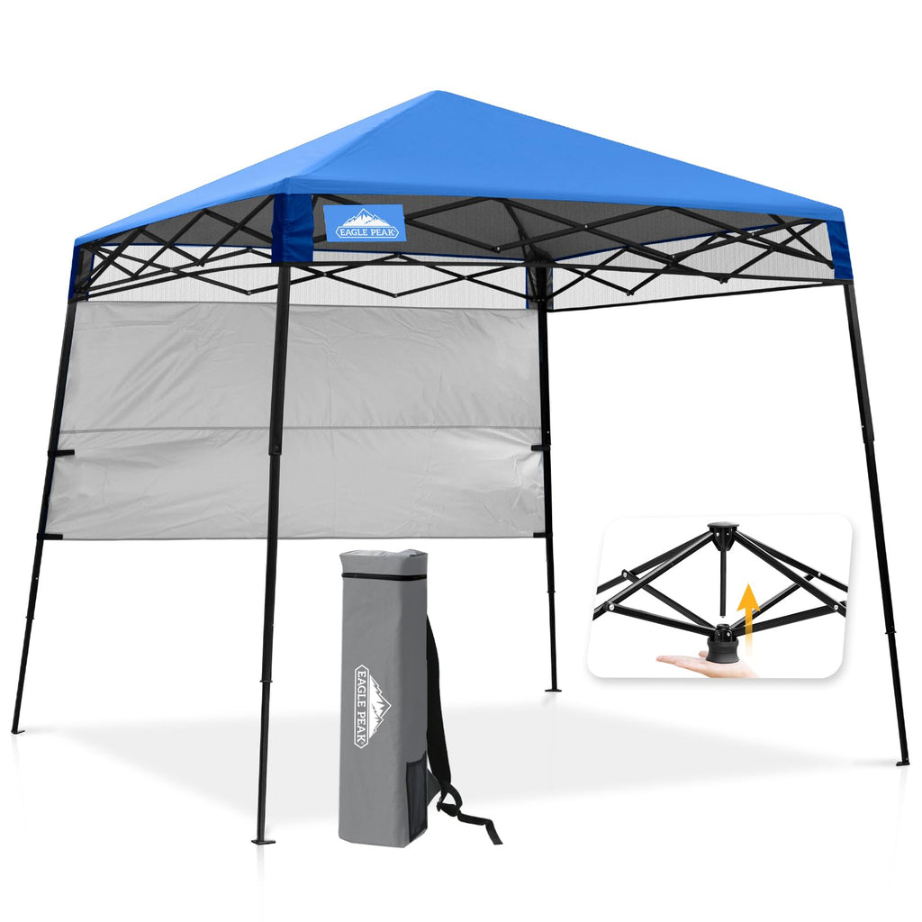 EAGLE PEAK 8x8 Pop Up Canopy Tent with Sidewall, Compact, Portable Slant Leg Instant Sun Shelter for Beach, Sports, & Camping, 8x8 Base 6x6 Top, Blue
