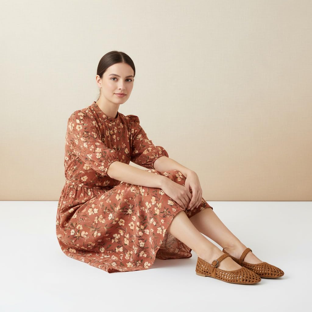 CUSHIONAIRE Weston Hand Woven Mary Jane Flats for Women, Comfortable Dressy Ballet Flats with Braided Adjustable Buckle and Memory Foam Cushioning, Cognac 8.5
