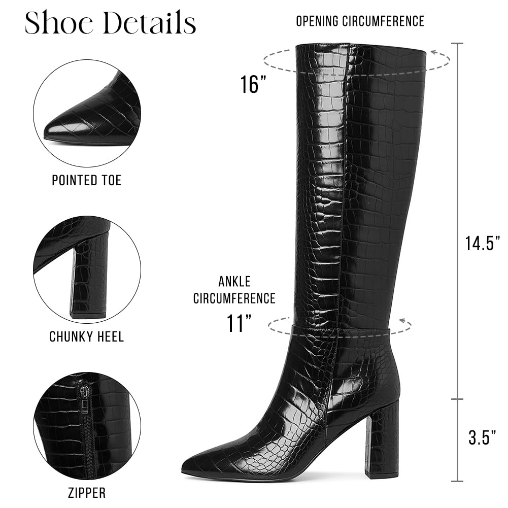 AOSPHIRAYLIAN Knee High Boots - Women's Tall Calf Boots with Snake Faux Crocodile Dress Style, Side Zipper - Black, Size 6
