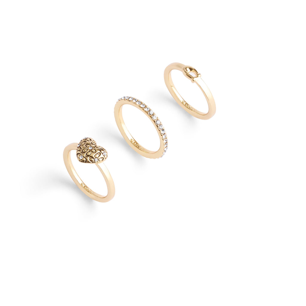 Coach, Women's, Signature Quilted Heart Ring Set, Crystal/Gold, Ring Size 7