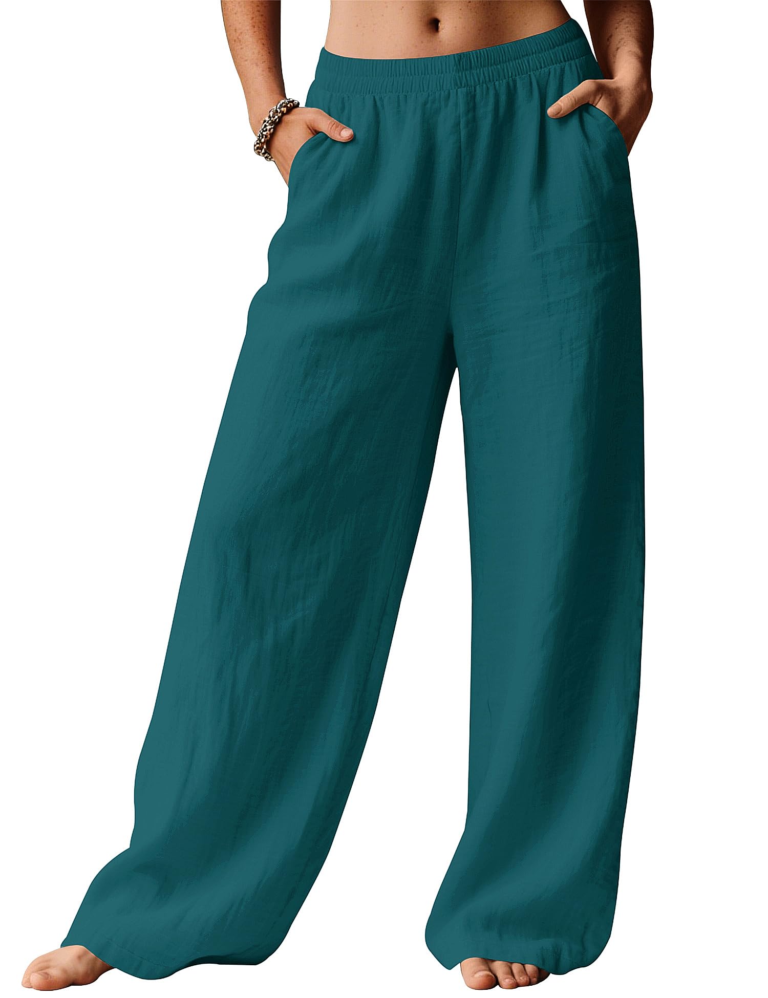 LOMON Linen Pants Women Wide Leg Palazzo Summer Flowy Pants Beach Vacation Clothes Loose Casual Travel Trousers with Pockets (Lake Green, M)