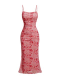 GORGLITTER Women's Floral Spring Summer Wedding Guest Dress Bridal Shower Cocktail Tea Party Beach Midi Sun Dress 2026 Burgundy Small