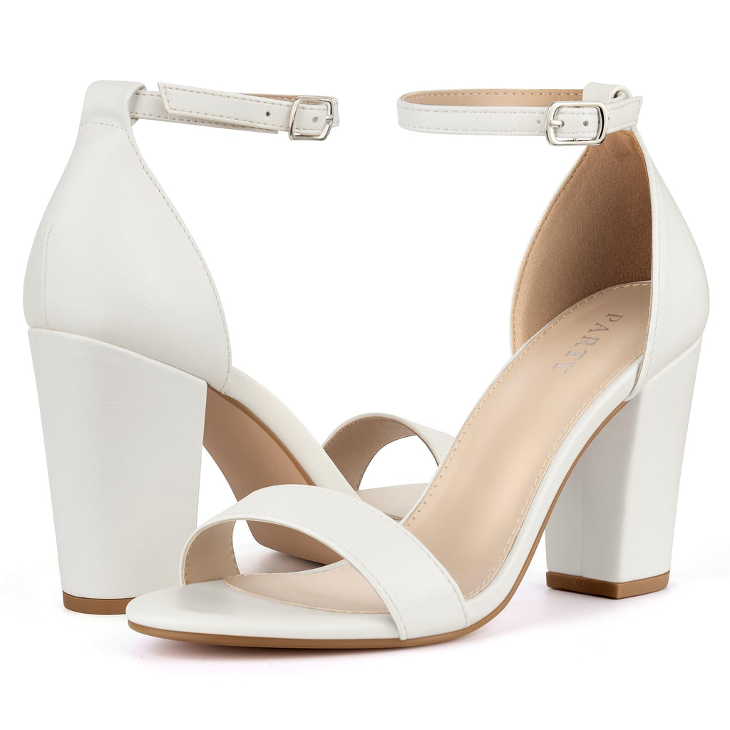 PARTY Women's Chunky Heels Open Toe Ankle Strap 3 inch Heeled Sandals,Carrie-White Pu-9
