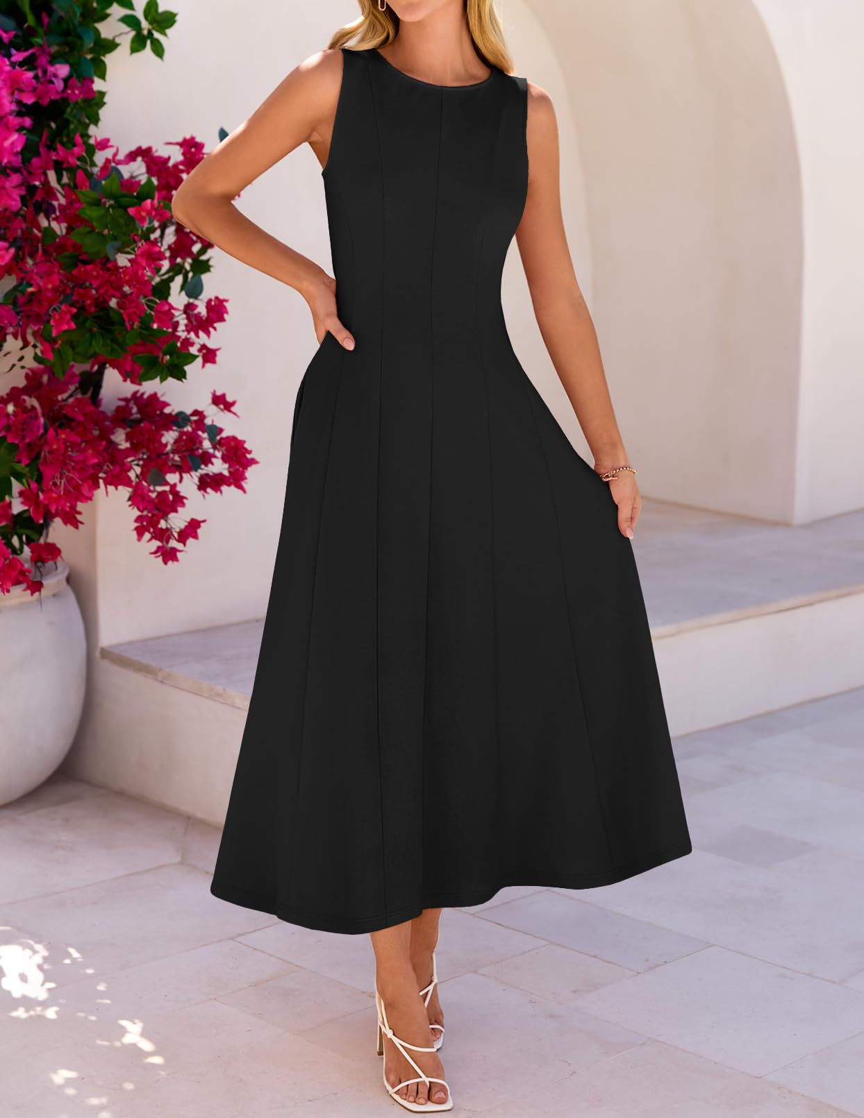 MEROKEETY Women's 2026 Semi Formal Cocktail Dresses Summer Elegant Classy Midi A Line Sleeveless Dress, Black, X-Large