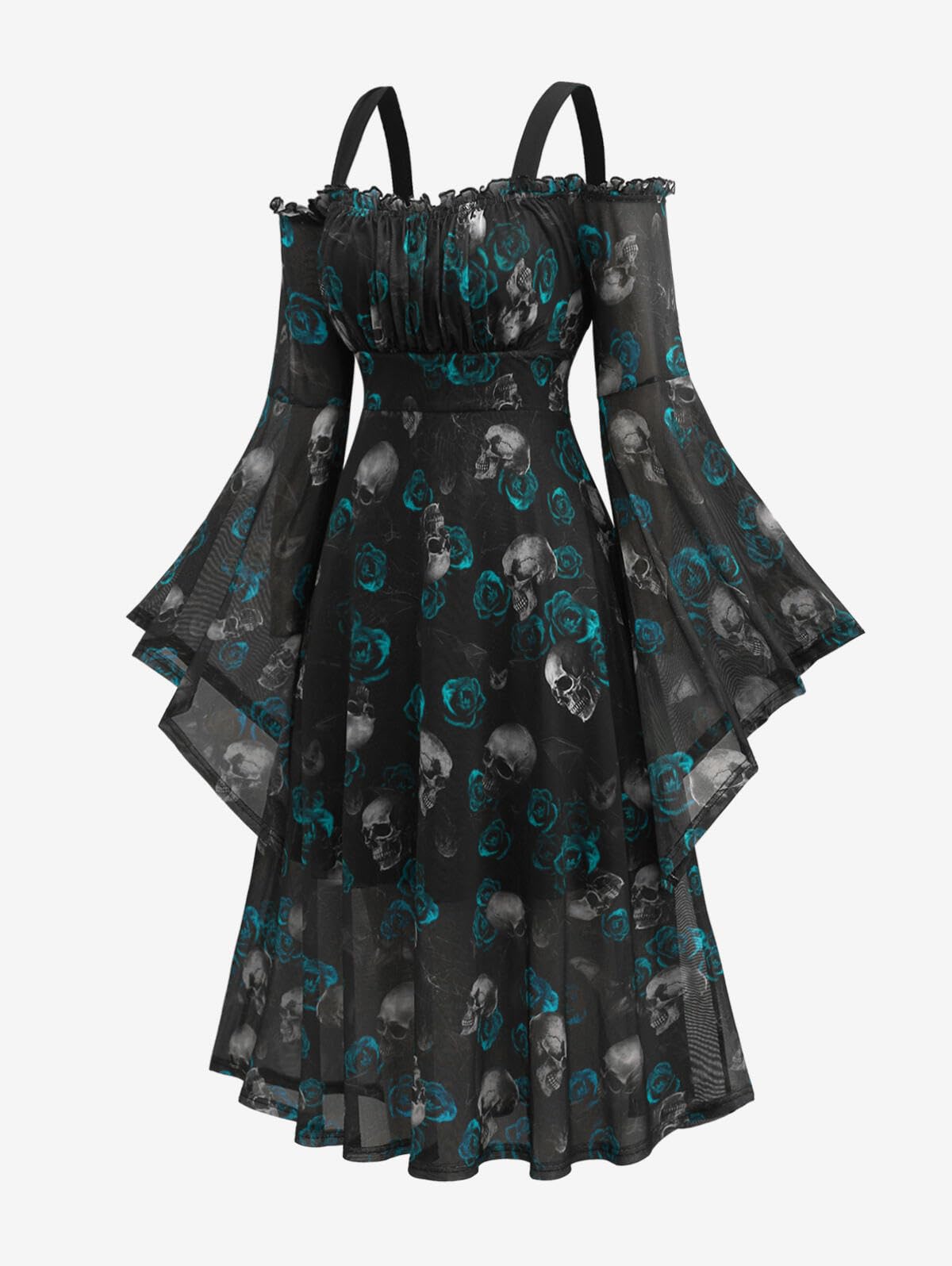 Rosegal Plus Size Women Medieval Renaissance Costume - Gothic Bell Sleeves Cold Shoulder Skulls Rose Mesh Dress - Blue (1/1X)